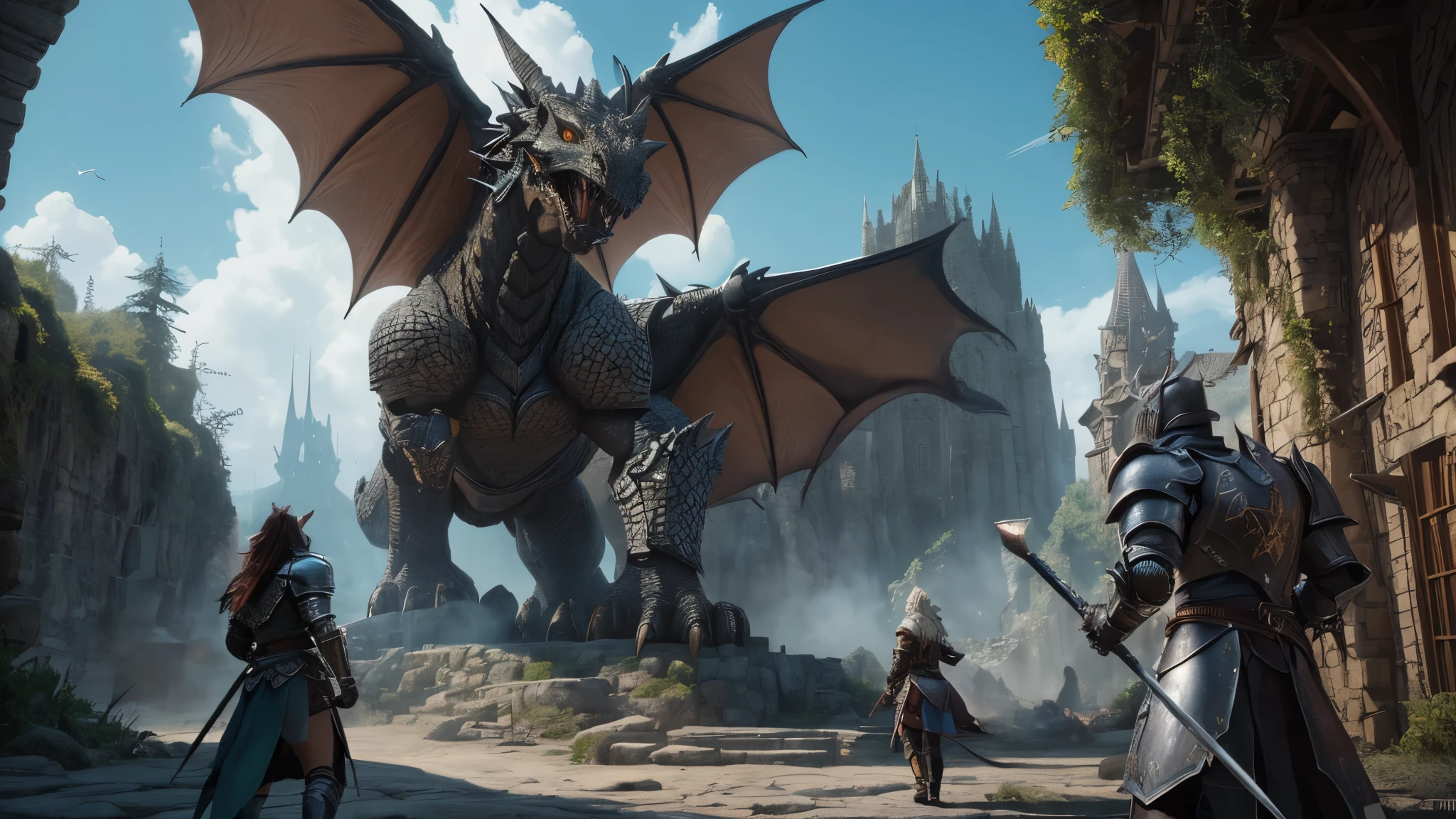 (8k, ARTISTIC photography, best quality, masterpiece: 1.2) ((best quality)), Nijistyle, medium shot, 3 mighty warriors (a black male barbarian, a latino pointy eared elf, and a skelton armored knight) fight a dragon with fire coming out of mouth, towers over castle, the art and science of designing built environments, serves as a powerful predictor of health within isekai society. Its influence extends beyond aesthetics and functionality, surrounded by village, shaping various aspects of our lives, planets visible in the atmosphere, including economic stability, dragons flying around, define this idea with imagery. do not show text. create an appealing image typical of those shown on the front page of a world renowned magazine., each with unique architecture and culture, beauty light, Glitchart, 64K, high detail