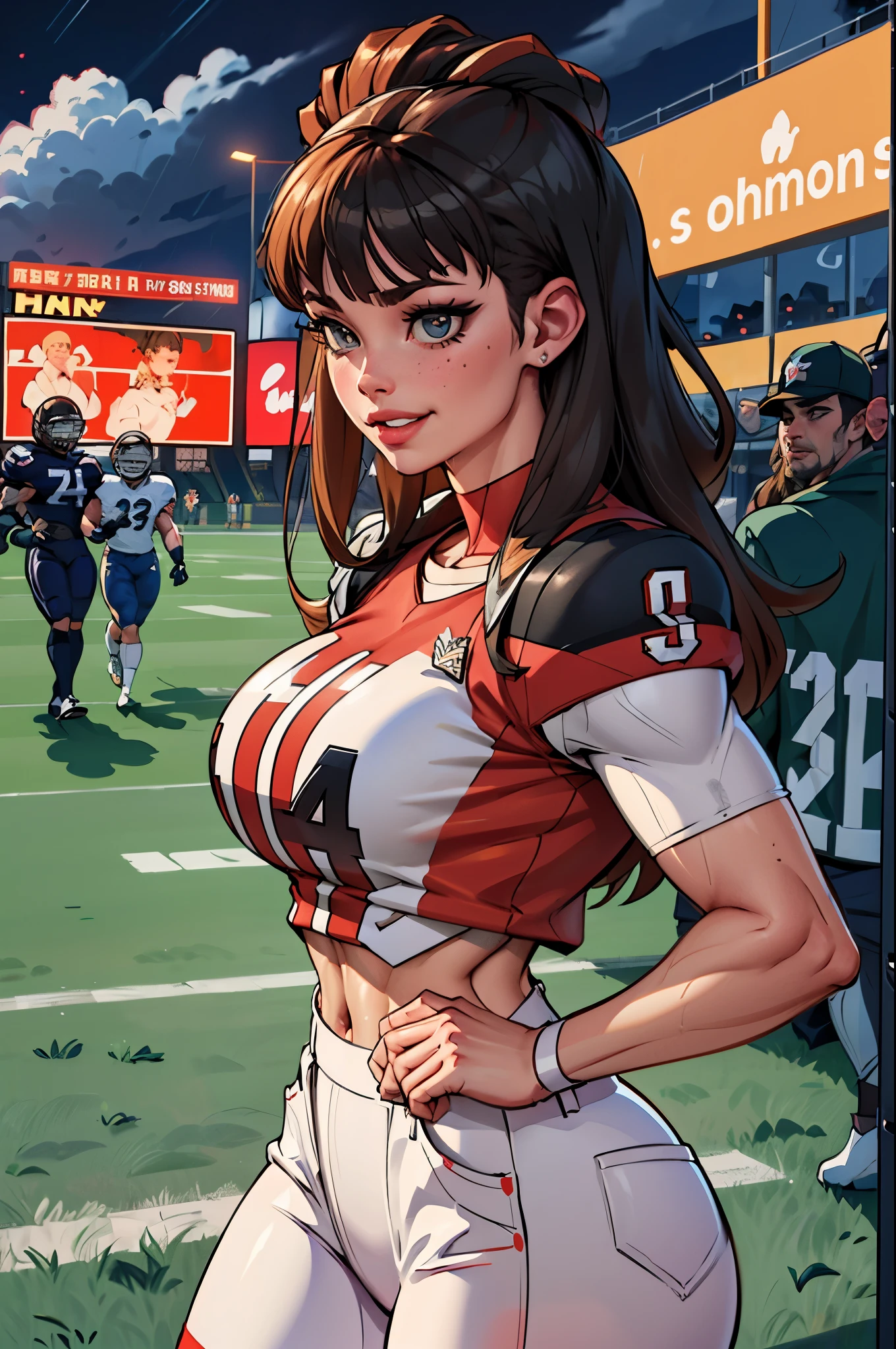 in PIT-Erotic-style style, (((top down view))), Bright ginger long and thick haired tomie, (wearing red, white and blue stars and stripes bandana on head), blunt bangs, (mole under eye:0.7), heavy freckled skin, thick lips, (wearing a Purple, Chromed and gold American Football Uniform with Padded football pants with logos), (muscular female:1.2), (large breasts), (large butt), running down a football field with football, at night with thunderstorm and rain, cheery and determined expression