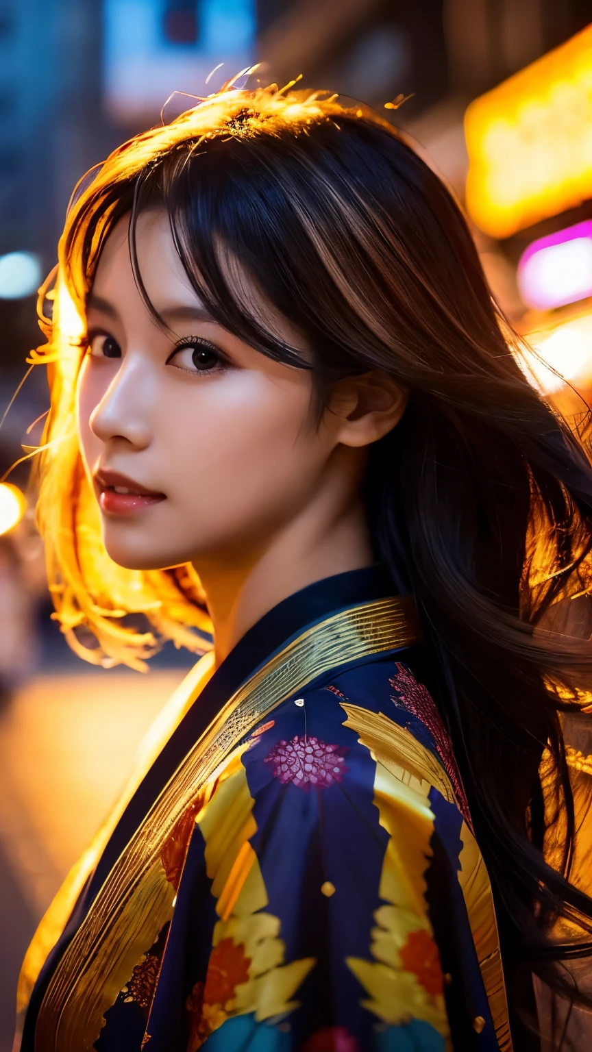 Beautiful Japanese supermodel woman, A lock of hair with slight highlights, black eyes, mixed media, Sexy，street background，Gorgeous kimono , Liquid color flows across her face, sunset，Photographed by Wang Luodan，god of wealth