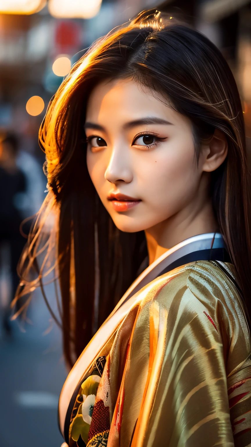 Beautiful Japanese supermodel woman, A lock of hair with slight highlights, black eyes, mixed media, Sexy,street background,Gorgeous kimono , Liquid color flows across her face, sunset,Photographed by Wang Luodan,god of wealth