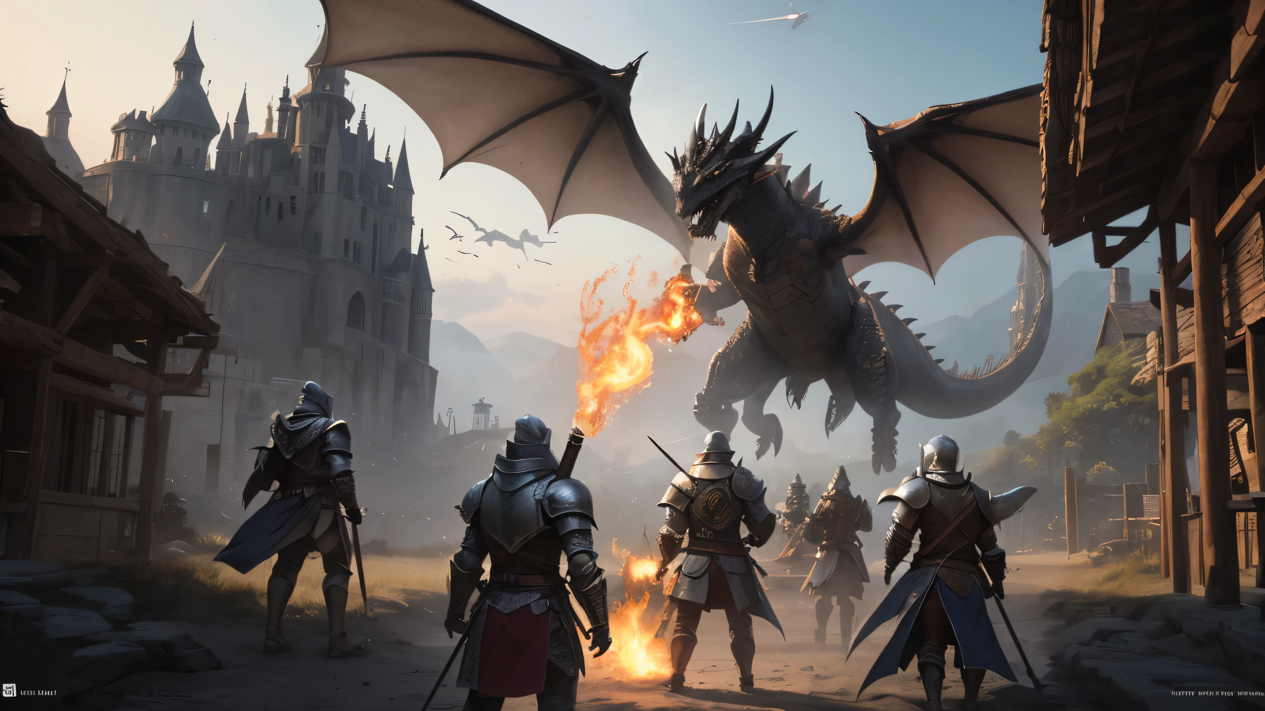 (8k, ARTISTIC photography, best quality, masterpiece: 1.2) ((best quality)), Nijistyle, medium shot, 3 mighty warriors (a black male barbarian, a latino pointy eared elf, and a skelton armored knight) fight a dragon with fire coming out of mouth, towers over castle, the art and science of designing built environments, serves as a powerful predictor of health within isekai society. Its influence extends beyond aesthetics and functionality, surrounded by village, shaping various aspects of our lives, planets visible in the atmosphere, including economic stability, dragons flying around, define this idea with imagery. do not show text. create an appealing image typical of those shown on the front page of a world renowned magazine., each with unique architecture and culture, beauty light, Glitchart, 64K, high detail
