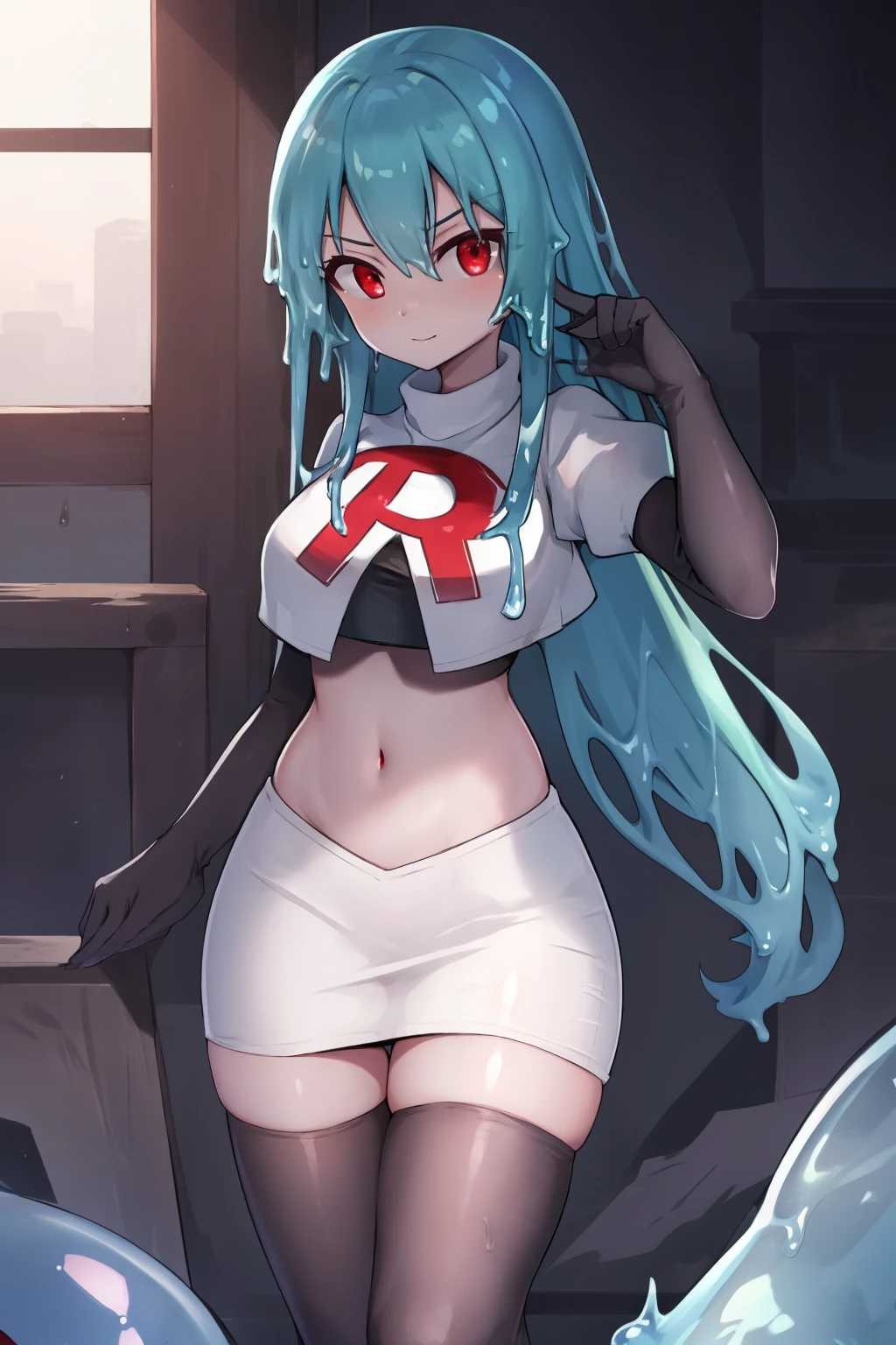 a girl with long hair, looking at camera, slime girl, cinematic lighting, red eyes, seductive look, transparent body, team rocket,team rocket uniform,white skirt,crop top,black thigh-highs,black elbow gloves