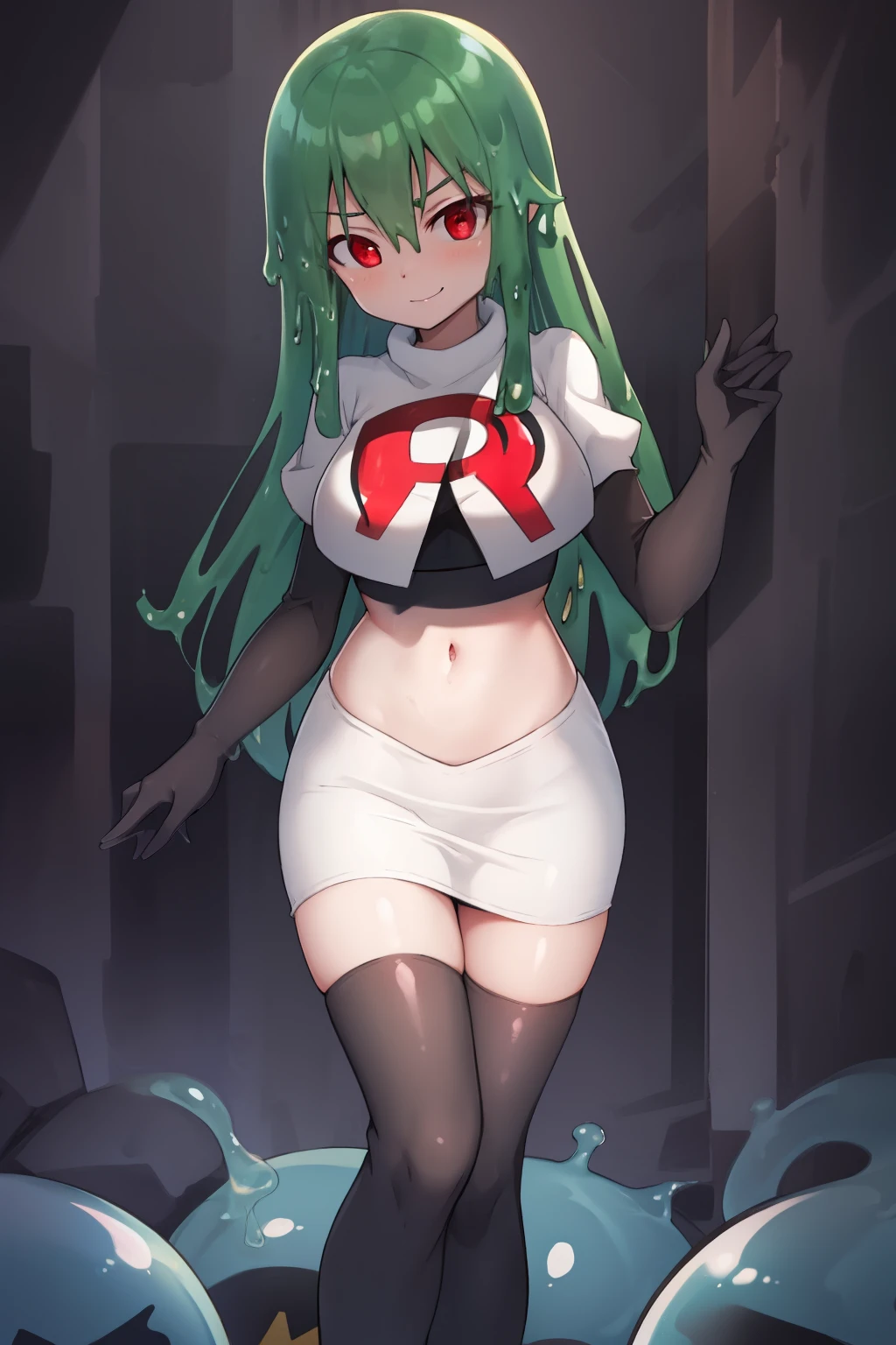 a girl with long hair, looking at camera, slime girl, cinematic lighting, red eyes, seductive look, transparent body, team rocket,team rocket uniform,white skirt,crop top,black thigh-highs,black elbow gloves