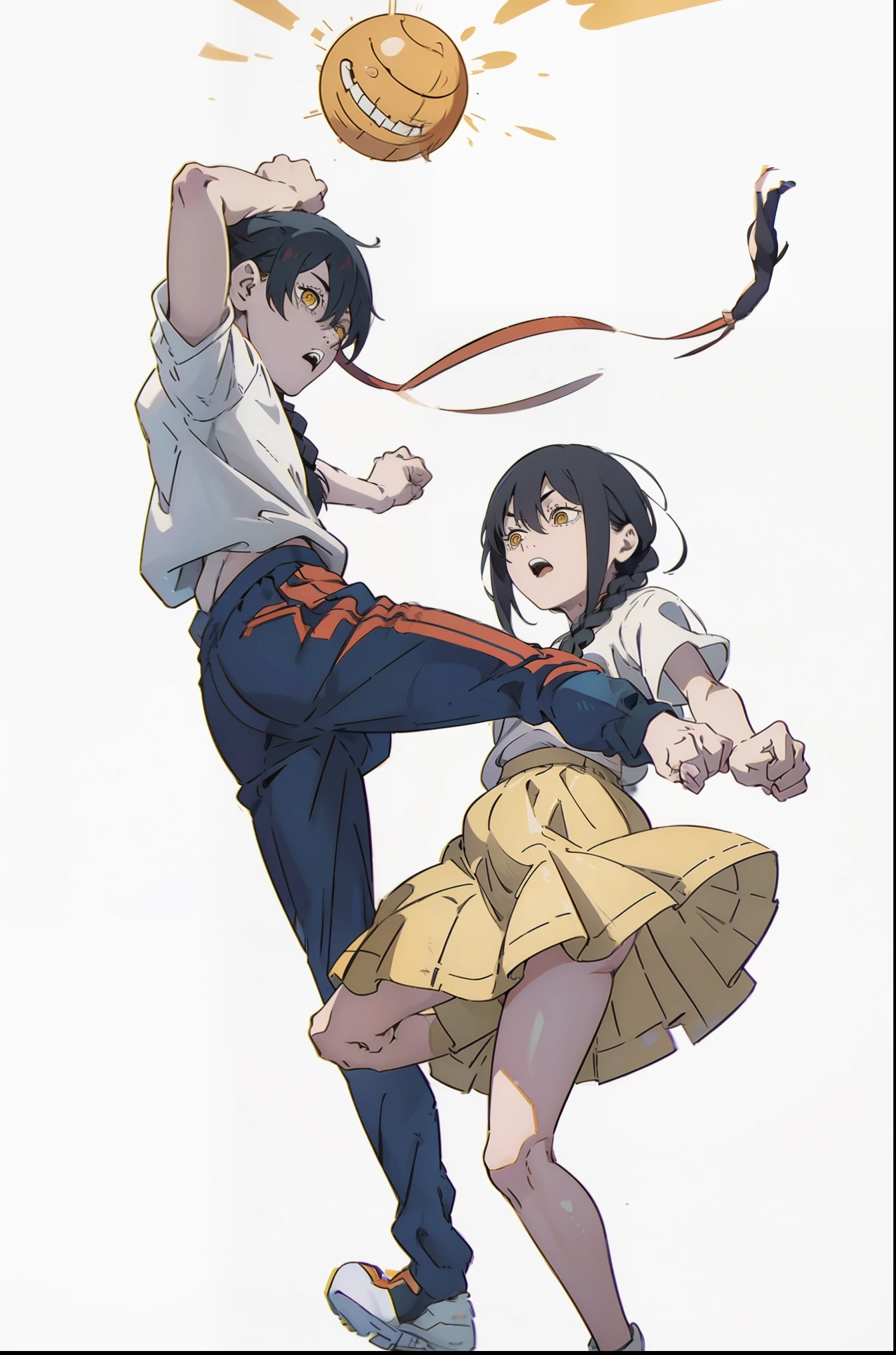 1girl,Kick, A girl kicking a guy in the crotch, a girl in a light dress, braid, black hair, nayuta, yellow eyes, full body, ((white background)) , masterpiece ,nayuta,  in skirt, Frontal Pose 