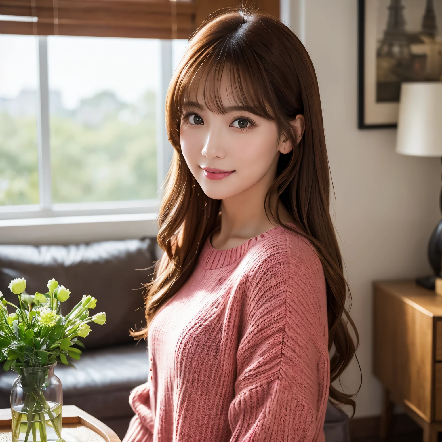 (highest quality、table top、8K、best image quality、Award-winning work)、one beautiful woman、(bright red long knit:1.2)、(正確で完璧なred long knit:1.2)、(red long knit:1.2)、Shining beautiful skin、Fair-skinned super high detail skin、(accurate anatomy:1.2)、The most classy apartment living room、The most classy living room interior、A gentle smile looking at me、(close up of a woman:1.2)、Standing gracefully、(stand gracefully:1.1)、Very bright and clean、(blurred background:1.1)、photo portrait、(low contrast:1.1)、(Draws softly and smoothly:1.1)、very romantic、very grumpy、very bright、(very bright and refreshing:1.1)、Refreshing colors of youth、illuminated white skin、(The most natural and practical real furniture arrangement:1.1)、(The most classy apartment living roomに立つ:1.1)、very bright and vivid、(Real Yua Mikami&#39;face:1.1)、(Highly detailed Real Yua Mikami&#39;face:1.1)、(Yua Mikami&#39;Perfect face drawn in every detail:1.1)、no makeup