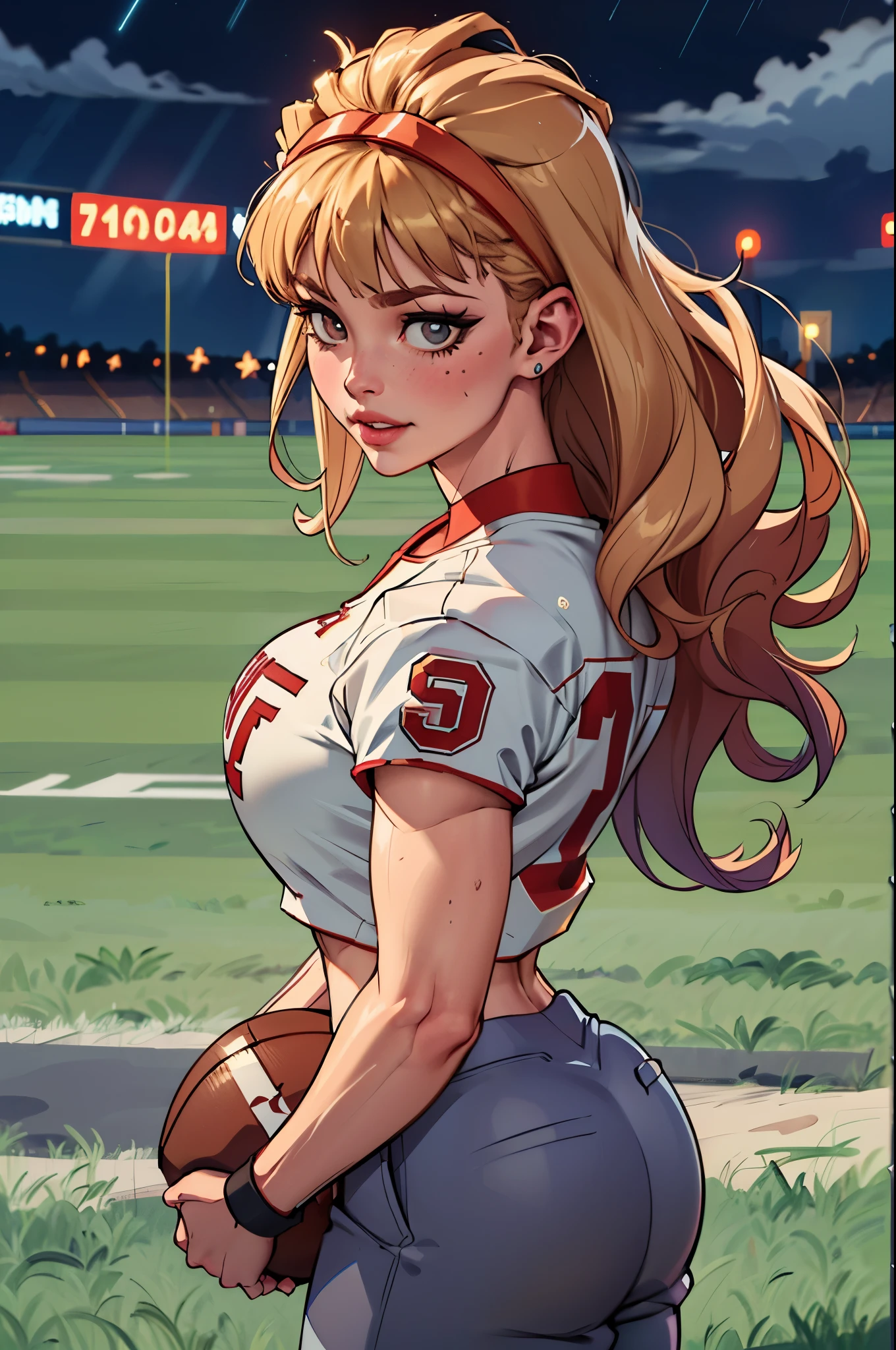 in PIT-Erotic-style style, (((top down view))), Bright ginger long and thick haired tomie, (wearing red, white and blue stars and stripes bandana on head), blunt bangs, (mole under eye:0.7), heavy freckled skin, thick lips, (wearing a Purple, Chromed and gold American Football Uniform with Padded football pants with logos), (muscular female:1.2), (large breasts), (large butt), running down a football field with football, at night with thunderstorm and rain, cheery and determined expression