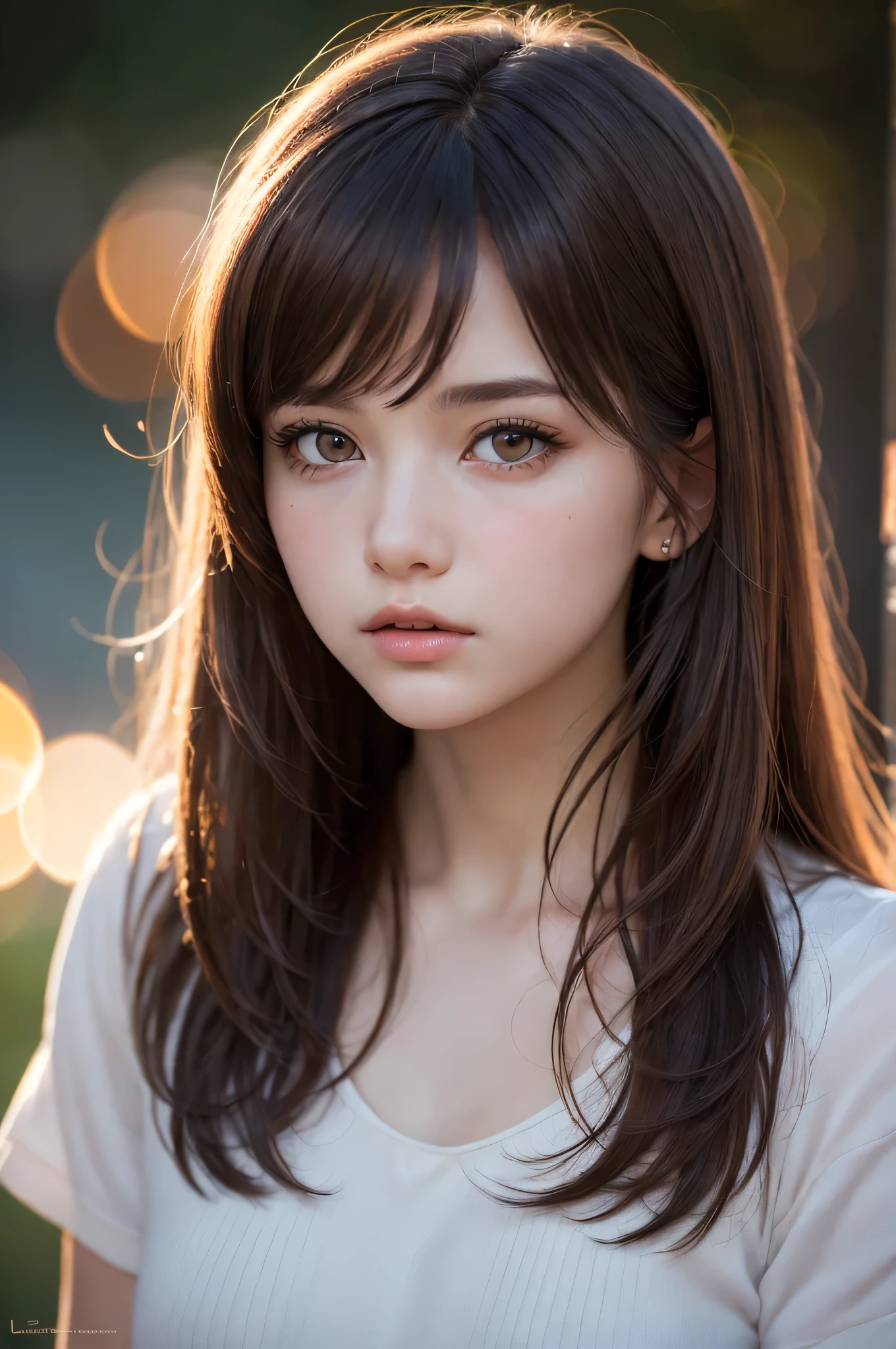 (best quality), (ultra-detailed), (llustration), (detailed light), (an extremely delicate and beautiful), ung girl, long hair, brown hair, brown eyes, model, Sorrow, best quality, fantastic, extremely detailed CG unified 8k wallpaper, High-definition raw color photos, professional photograpy, (((Bokeh))), twilight, depth of fields,