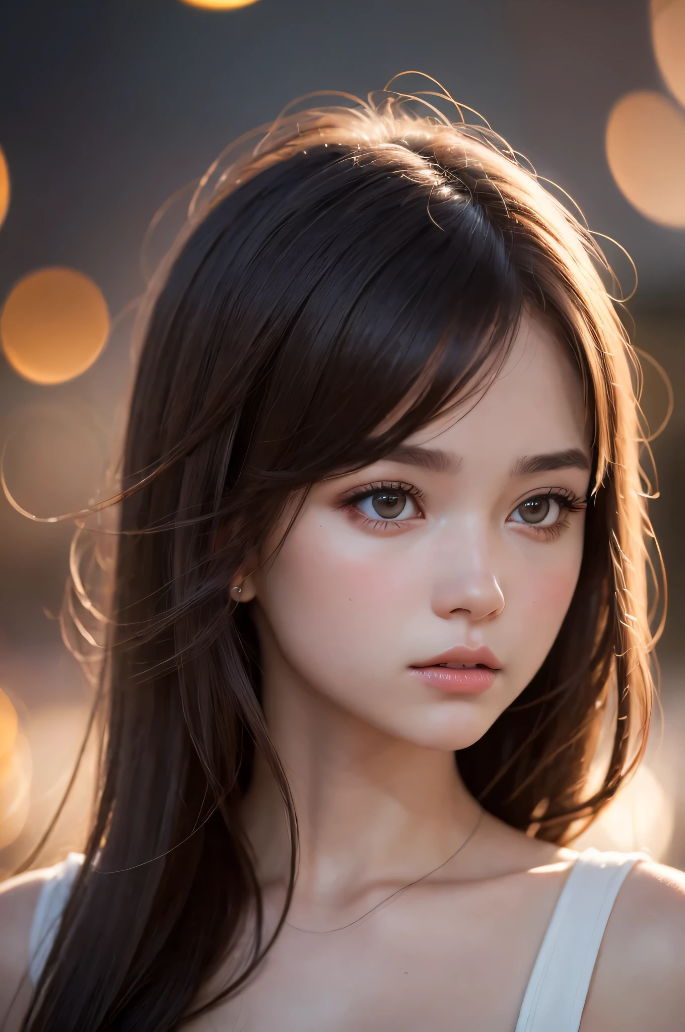 (best quality), (ultra-detailed), (llustration), (detailed light), (an extremely delicate and beautiful), ung girl, long hair, brown hair, brown eyes, model, Sorrow, best quality, fantastic, extremely detailed CG unified 8k wallpaper, High-definition raw color photos, professional photograpy, (((Bokeh))), twilight, depth of fields,