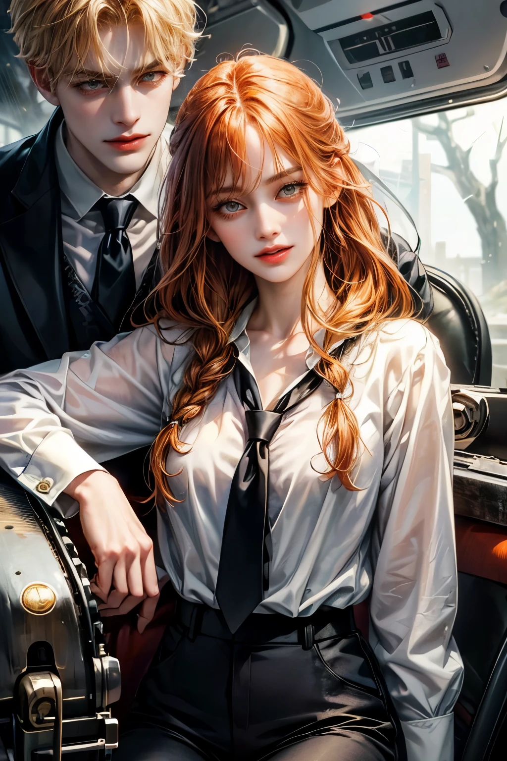 open mouth,(kiss),best quality, insanely detailed face, detailed eyes,1girl,1boy, detailed face, detailed eyes, sitting,in-flight and and (1boy:1.4) BLOND HAIR, denji (chainsaw man),and 1gir,makima (chainsaw man), best quality, ultra detailed, 1girl, , standing, red hair, long braided hair, golden eyes, bangs,, large , stare, smile, (evil:1.2),, makima (chainsaw man),shirt, sidelocks, solo, uniform, white shirt, black necktie, black pants