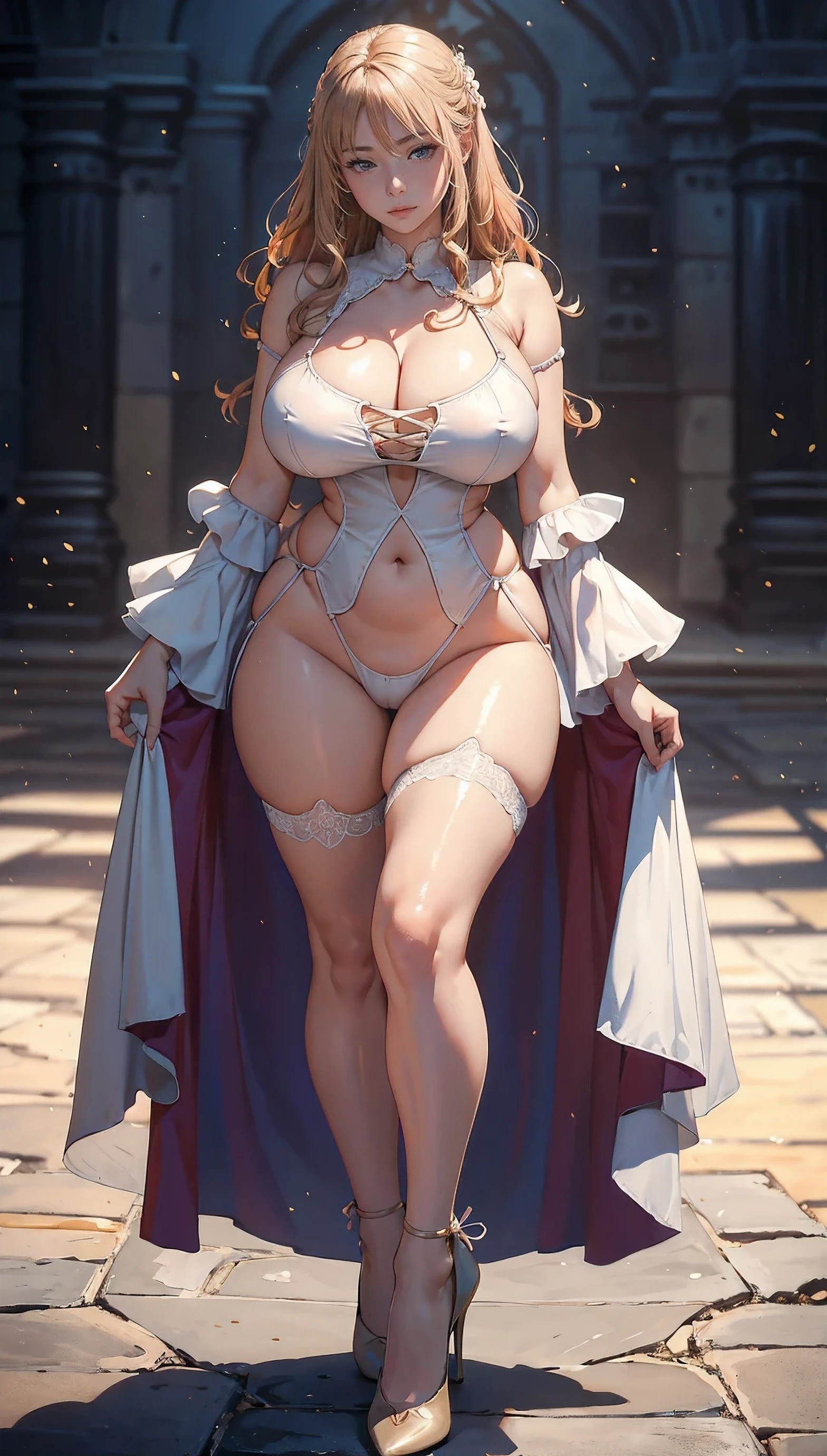 (masterpiece:1.2, highest quality), (highly detailed face, real image, delicate skin tone realistic skin, realistic body,woman1,Authentic nudes with intricate details,Western castle background,light peach-colored hair,messy hair,boyish,full body shot,long eyelashes,thin eyebrows,expensive,huge cleavage,big bust,oversized erect nipples,fascination pose,big hips, thick chest plate, beautiful feet, and a thin waist,pussy,clearware,whiten skin,high heels