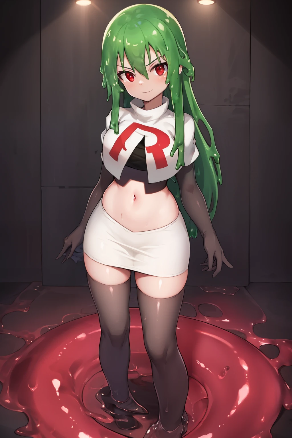 a girl with long hair, looking at camera, slime girl, cinematic lighting, red eyes, seductive look, transparent body, team rocket,team rocket uniform,white skirt,crop top,black thigh-highs,black elbow gloves