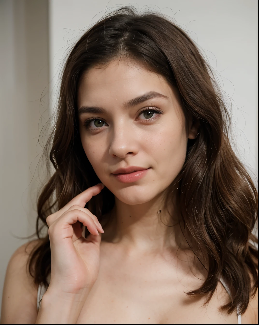 Beautiful and sexy European brunette with light green eyes, 22 anos de idade, 

deitada de costas, sorriso sedutor, pernas nuas,

cintura fina, muito detalhado, rosto inocente, comprimento do rosto 1.3 vezes a largura do rosto, olhos amendoados, formato de rosto quadrado, high cheekbones, cabelos naturalmente ondulados, olhos verdes claros, high resolution, obra de arte, melhor qualidade, detalhes intrincados, muito detalhado, sharp focus, pele detalhada, realista skin textura, textura, olhos detalhados, profissional, 4k, sorriso charmoso, filmado com Canon, profundidade de campo leve, Kodak Vision Colors, Corpo perfeitamente ajustado, extremamente detalhado, foto_\( ultra\), fotorealista, realista, post-processing, Maximum details, rugosidade, Vida real, ultrarealista, fotorealism, fotography, 8K Ultra HD, fotography