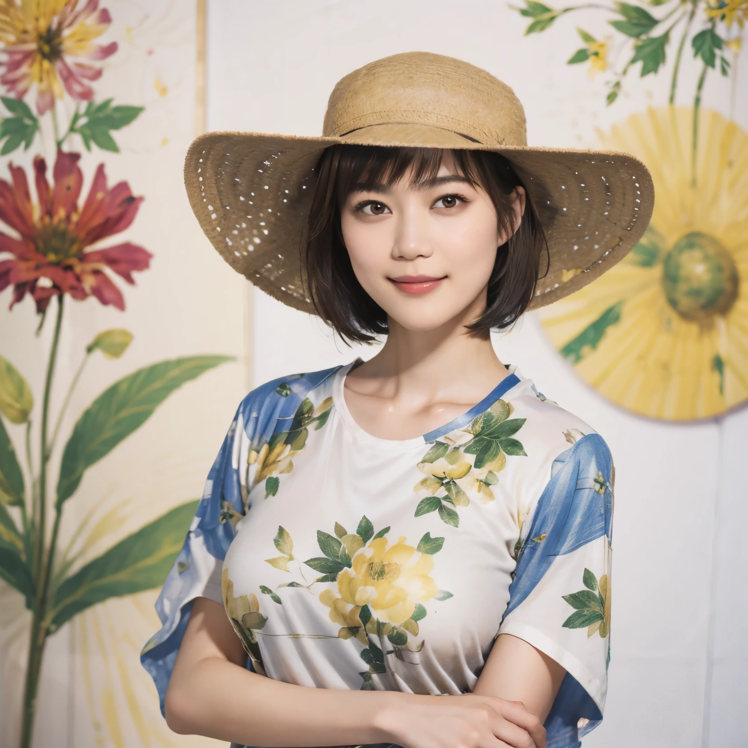159
(Shorthair:1.46),  (a 20 yo woman, standing), (A hyper-realistic), (Masterpiece), (8KUHD), (gentle smile), Slender waist,  ((Floral Clothing - T-Shirts)), (abstract splash painting), (breasts:1.3), (口紅), panama hat
