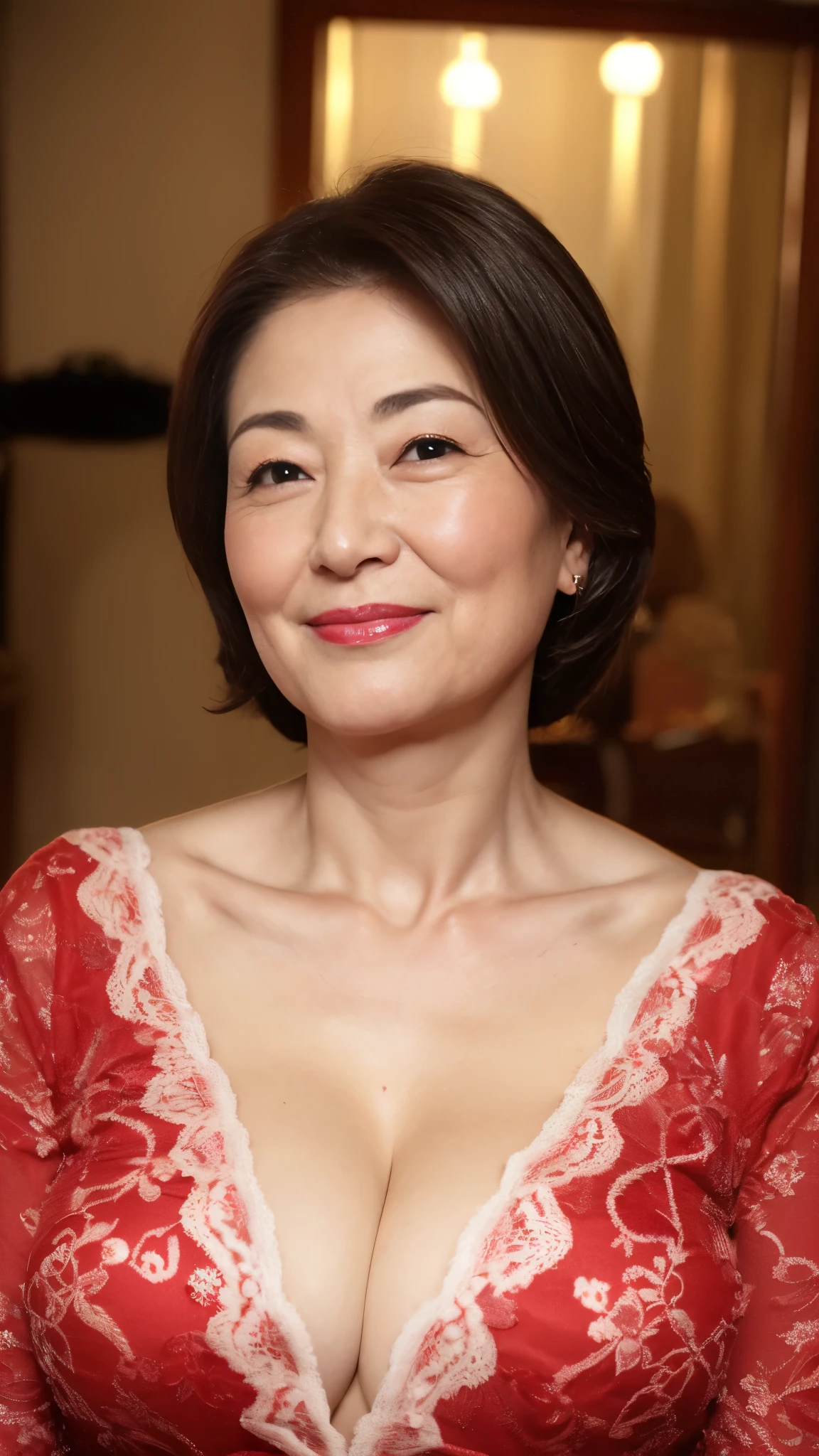 (((is in focus))):1.3, (((Auntie))):1.3, (((beautiful woman))):1.5 (((solo))):1.3, gravure, describe the lips correctly, red lipstick, The chest is abnormally large, In underwear, Elderly Mature Woman, Mature Woman, flashy face, highest quality, Super high quality, realistic, super dense skin, perfect description, (1 Japanese mature woman), (erotic), 100 years old, big breasts, Bewitching, Glamour, sexy, pure white skin, looking at the viewer,