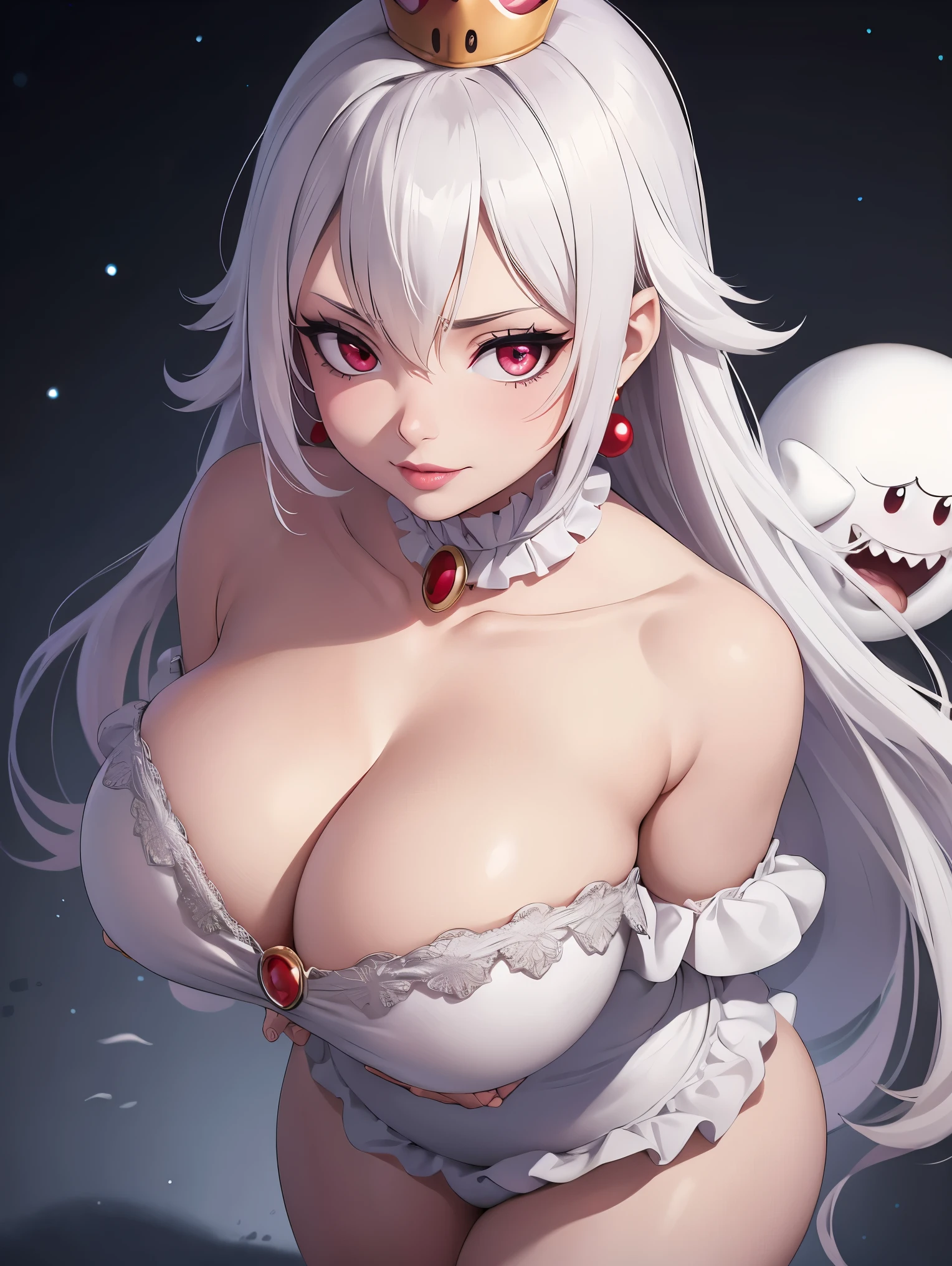 ((high detailed, best quality, 4k, masterpiece, hd:1.3)), ((best quality)), (((HD))), (((8k))), (ultraDH), (ultra HD), Snowy Forest background, snowflake pattern, red eyes, BREAK red eyes, seductive, attractive, smooth anime cg art, 36C breasts, long legs, vivid colors, detailed digital art, slim body, perfect skin, white hair, long hair, light hair, white hair, BREAK crown, cleavage, 36C cleavage, looking at viewer, BREAK looking at viewer, extremely detailed face, earrings, gem, dark white makeup lips, dark gothic eyeshadows, dark eyeshadows, white eyeshadows, white sexy lips, dark lips, very dark lips, (perfect hands, perfect anatomy), white makeup, white medium lips, white thick lips, detailed fingers, five fingers per hand, 5 fingers, (1 girl), detailed lips, detailed white lips, white painted lips, gothic painted lips, BREAK night, night sky, (breast focus), (arms outstreched:1.2), (from above:1.1), (breasts out:1.3), (off shoulder:1.1), (((lingerie))), (((boos ghosts super mario))),