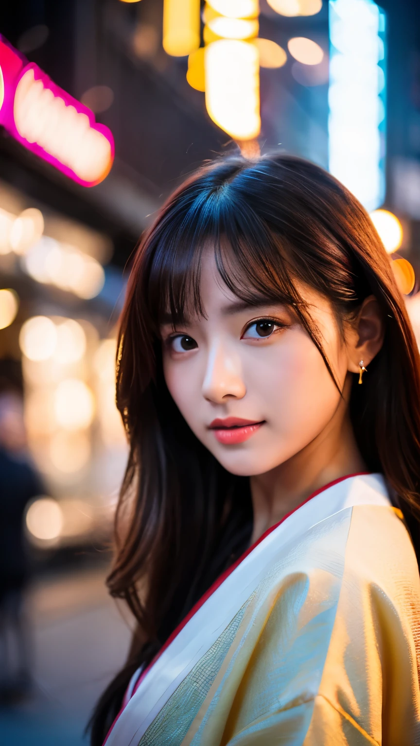 Beautiful Japanese supermodel woman, A lock of hair with slight highlights, black eyes, mixed media, Sexy,street background,Gorgeous kimono , Liquid color flows across her face, sunset,Photographed by Wang Luodan,god of wealth