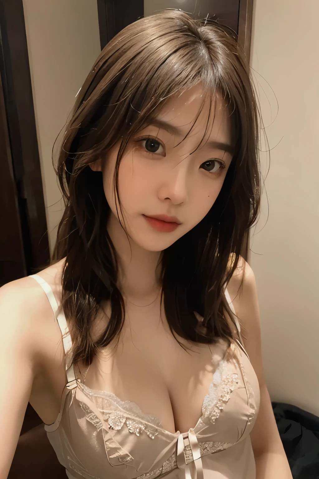 ((1girl in)),Light Brown Fringe Hair、straight haired、disheveled hair、Light brown eyes、(dignified expression)、((an lingerie))、(爆乳:1.4)、Emphasize the valley、Bedroom、Selfie、(Photorealsitic)、(intricate detailes:1.2)、(masterpiece、:1.3)、(top-quality:1.4)、(超A high resolution:1.2)、超A high resolution、(A detailed eye)、(detailed features)