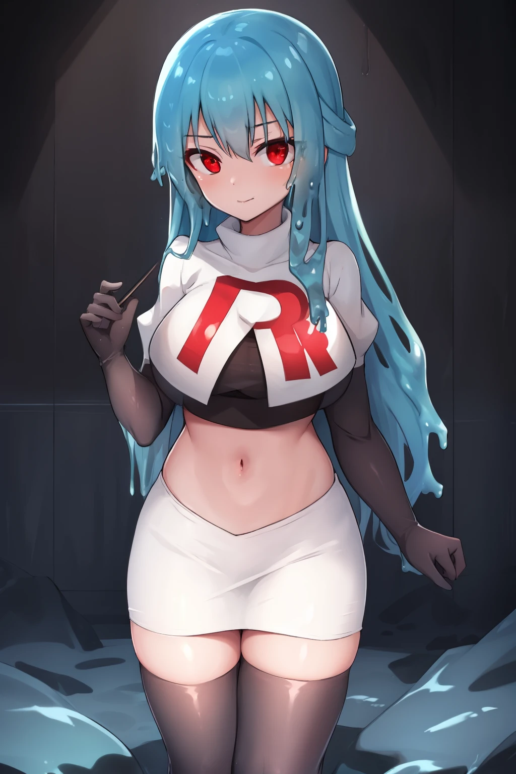 a girl with long hair, looking at camera, slime girl, cinematic lighting, red eyes, seductive look, transparent body, team rocket,team rocket uniform,white skirt,crop top,black thigh-highs,black elbow gloves