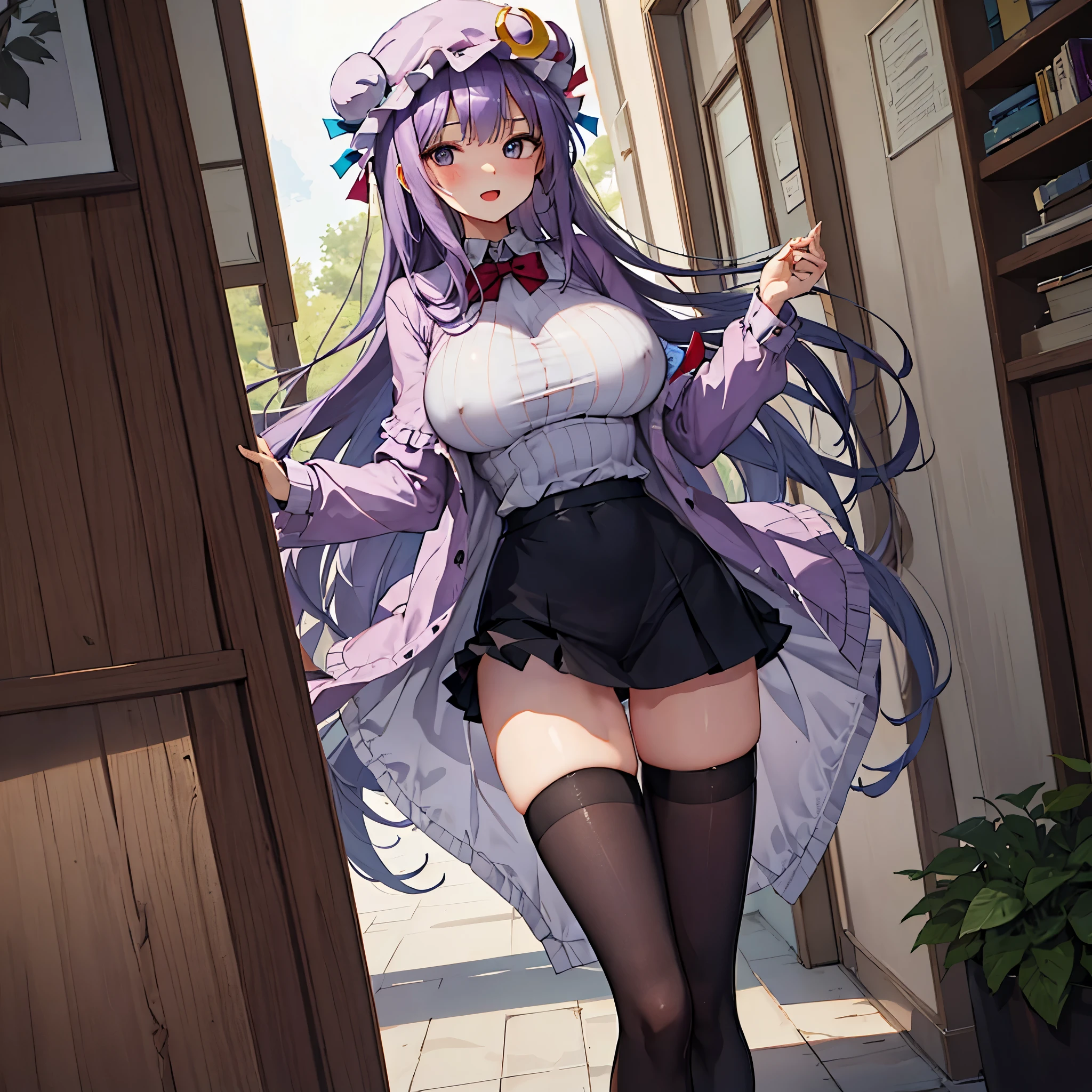 (Patchouli toho character), (standing at lakeside forest), outside, (standing with open legs wide:1.6), (arms behind back), (bending back), tiptoe, pigeon toed, BREAK, (disproportionately gigantic huge breasts:1.2), inconceivably thin waist, very short torso, (thin long legs apart:1.2), BREAK, very short miniskirt, thigh gap, (black thighhighs:1.2), highheels, BREAK, smile for viewer, open mouth, nose blush, full body, pussy juice
