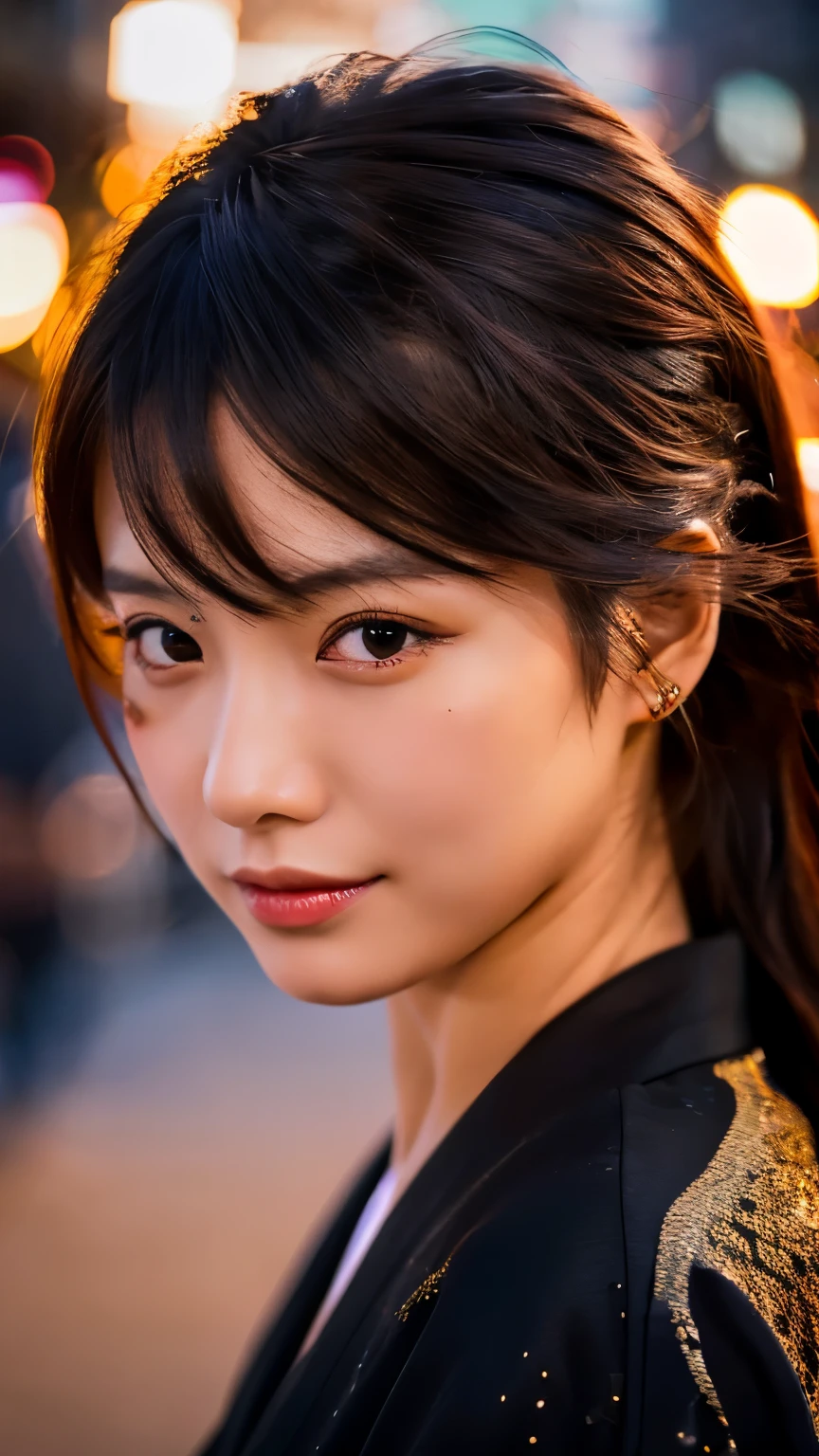 Beautiful Japanese supermodel woman, A lock of hair with slight highlights, black eyes, mixed media, Sexy，street background，Gorgeous kimono , Liquid color flows across her face, sunset，Photographed by Wang Luodan，god of wealth