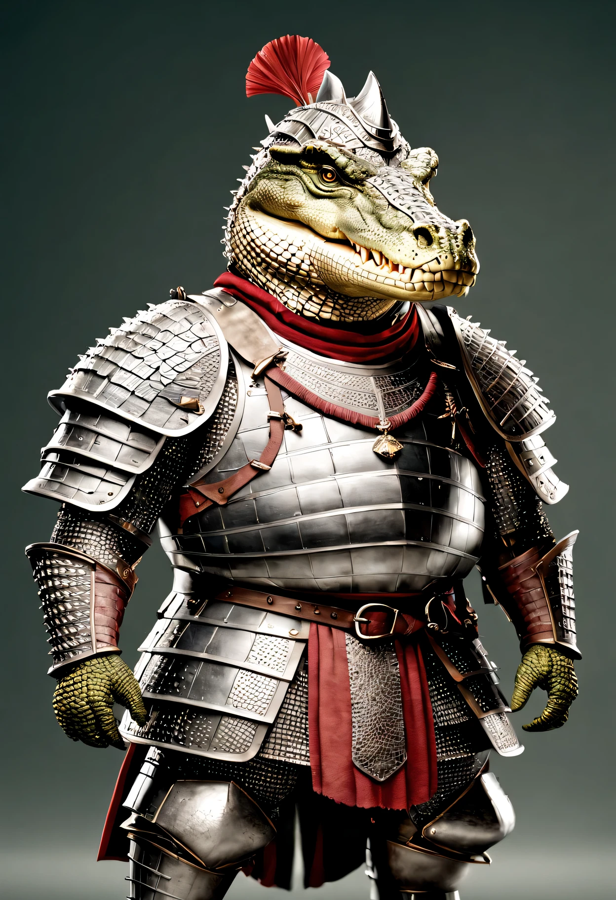 photorealistic portrait of Dressed animals - a ((fat)) crocodile warrior,(brave pose), high quality,(lovely) ,intricate details, highly detailed ((medieval armor and helmet)) ,,highly detailed decorations, , (brave), studio lighting,(full body image:1.5)