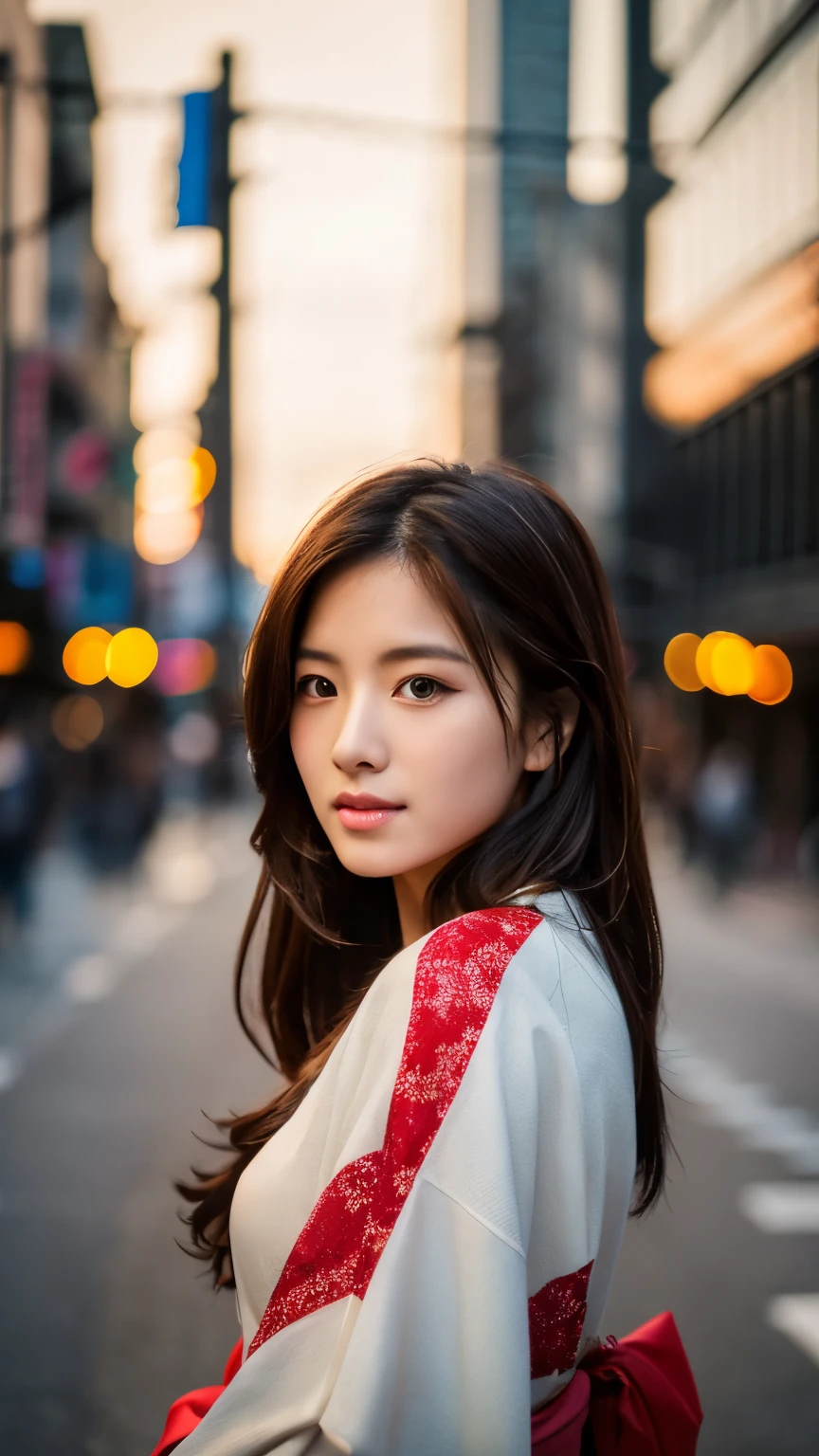 Beautiful Japanese supermodel woman, A lock of hair with slight highlights, black eyes, mixed media, Sexy,street background,Gorgeous kimono , Liquid color flows across her face, sunset,Photographed by Wang Luodan,god of wealth