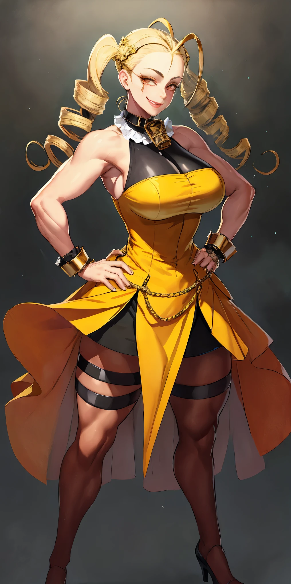 full body standing straight symmetrical, huge cowboy shot, solo 1MILF, lustful smirking smile face, looking at viewer, hands on hips, twintails, twin drills, dress, striped pantyhose, metal handcuffs on their hands with a black maetal slave collar around her neck, cowbell attached to the choker, sleeveless, black stockings, golden tiara
