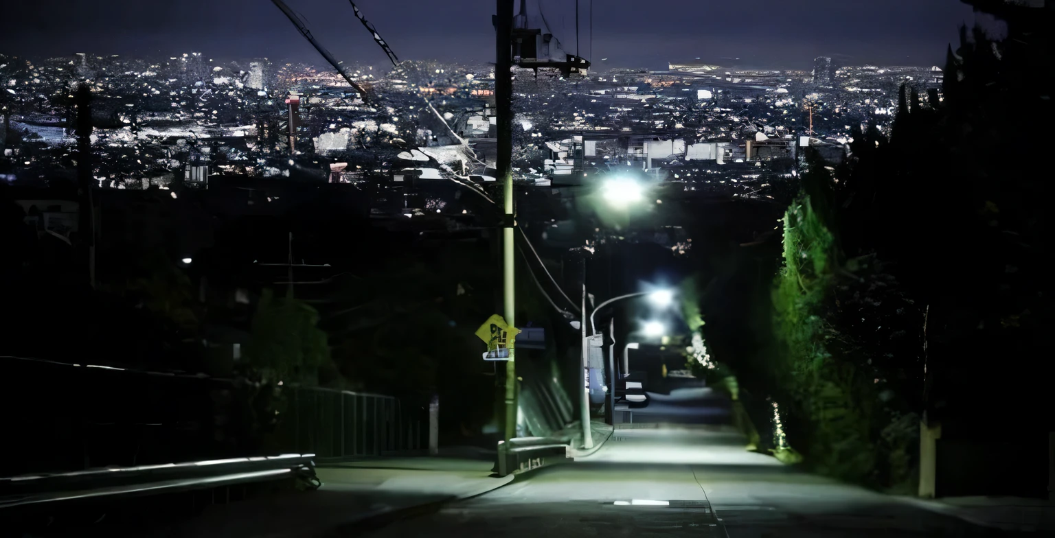 arafed view of a city at night with a street light, overlooking a dark street, lights in distance, in a japanese town at night, japanese city at night, shiny city in the distance, city lights on the horizon, on future tokyo night rooftop, japan at night, streetlights, tokyo in the background, city lights in the background