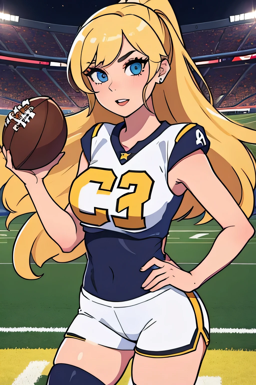 sexy super bowl woman, blonde, hot, beautiful, detailed eyes, detailed lips, long eyelashes, confident expression, in a stylish outfit, holding a football, standing on a football field, with stadium lights shining down, surrounded by cheering fans. (best quality, 4k, highres, ultra-detailed), physically-based rendering, vivid colors, sharp focus, professional lighting, portrait, sports