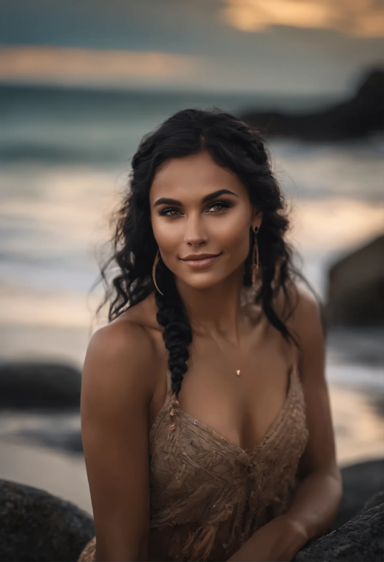 Elf woman, slightly pointed ears, (black hair with bangs and two braids), beautiful face, (large brown eyes), trim physique, (full body), (nude), pubic hair, smiling, playful, on a deserted rocky beach, dramatic lighting, (depth of field), ((masterpiece)), ((best quality)), ((highly detailed))