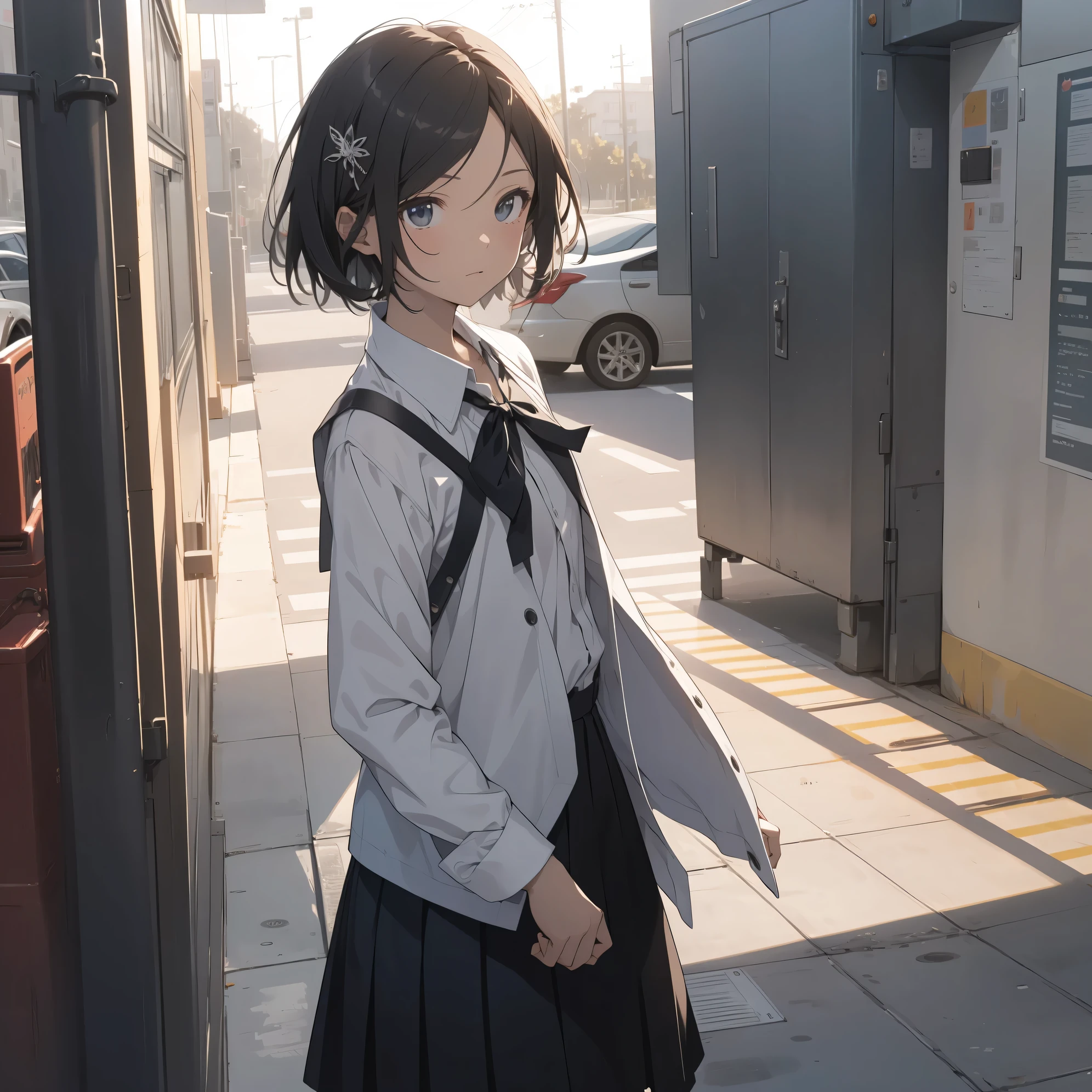 Super high quality by the art god, super detailed, High resolution, anime moe art style, best anime 8K konachan wallpaper, pixiv contest winner, perfect anatomy, break,(眠そうにalone学校へ行く女の子を描いてください. )break, 1 girl, (alone,little woman, lolita, , 13 years old:1.3),All limbs, full finger,, The charm of an immature body, (very short hair), flat chest, small ass, between legs, Small black eyes, beautiful and fine eyes, Well-proportioned iris and pupils, expressive eyes, High resolutionの詳細な髪, ribbon, skirt, collared shirt, hair ornaments, neck ribbon, pleated skirt, school uniform, shirt, white shirt, (detailed lighting), (detailed background), On the way to school. break,super dense skin, Best lighting by famous artists, 8K, figure,UHD, rough skin