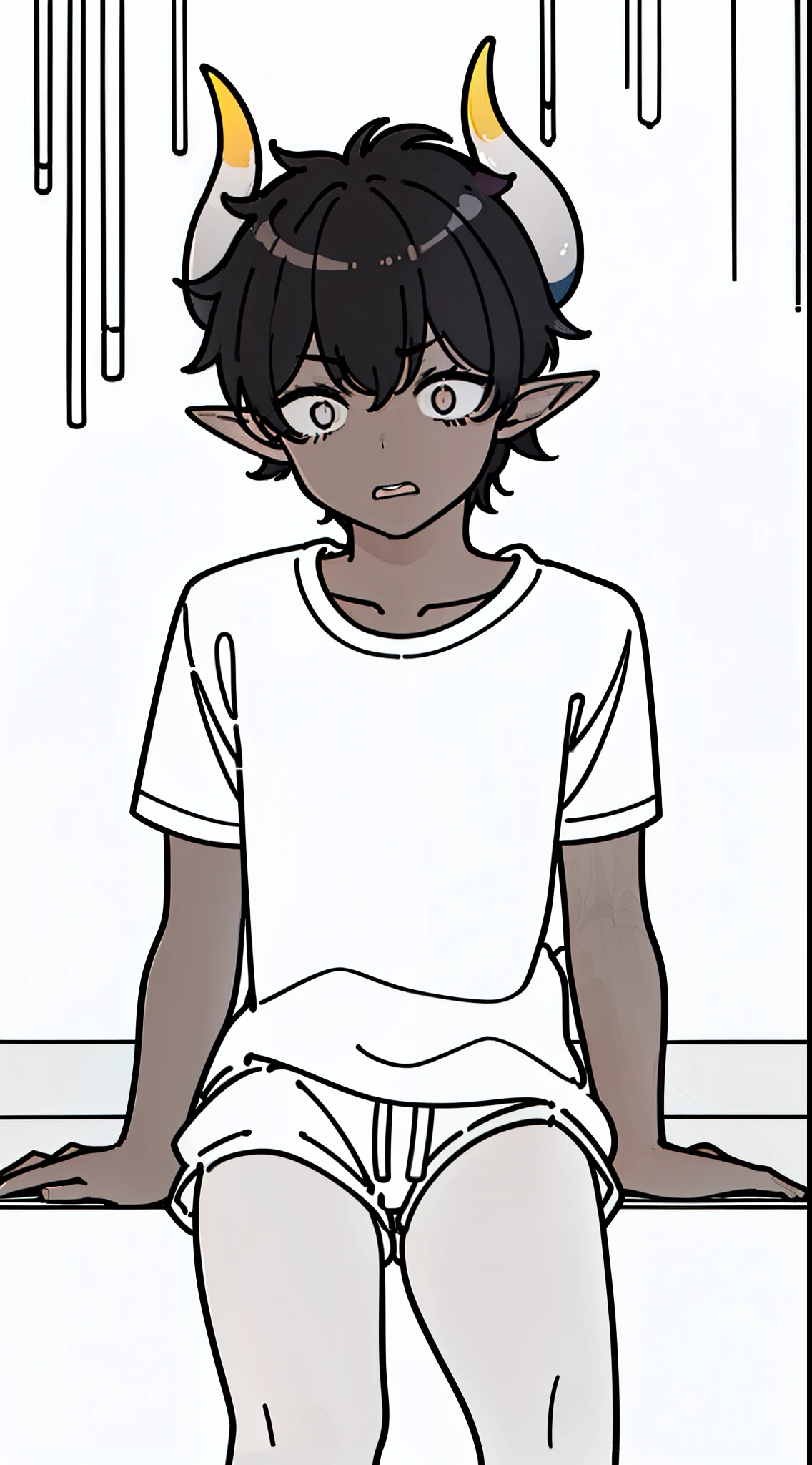 1boy,8 years,solo,((dark skin)),((white shirt,short sleeves,black shorts,black hair,elf ears,(horns),cowboy shot,(white background,line drawing),sitting,constricted pupilsmsnall pupile,scared,open mouth,fom front