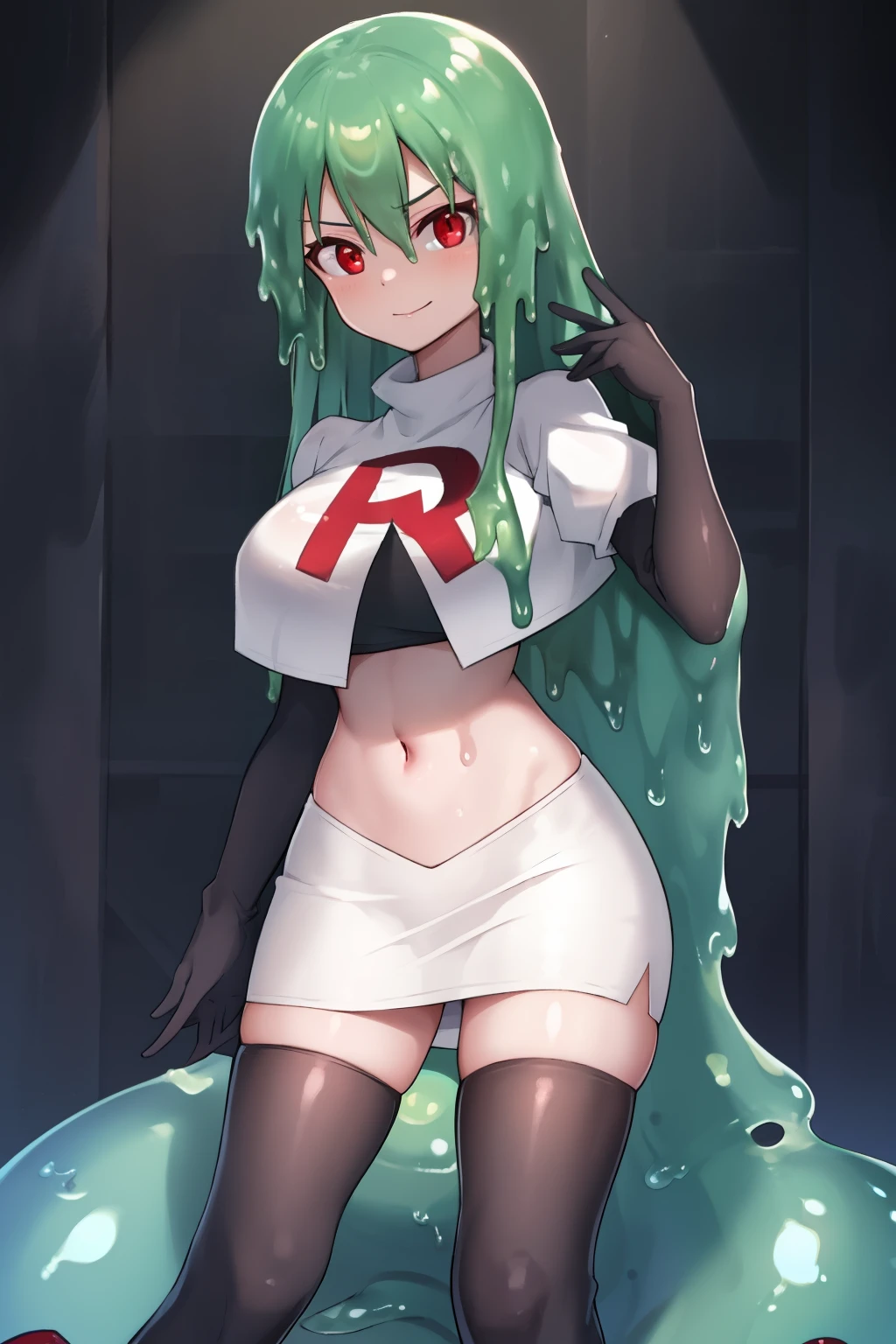 a girl with long hair, looking at camera, slime girl, cinematic lighting, red eyes, seductive look, transparent body, team rocket,team rocket uniform,white skirt,crop top,black thigh-highs,black elbow gloves