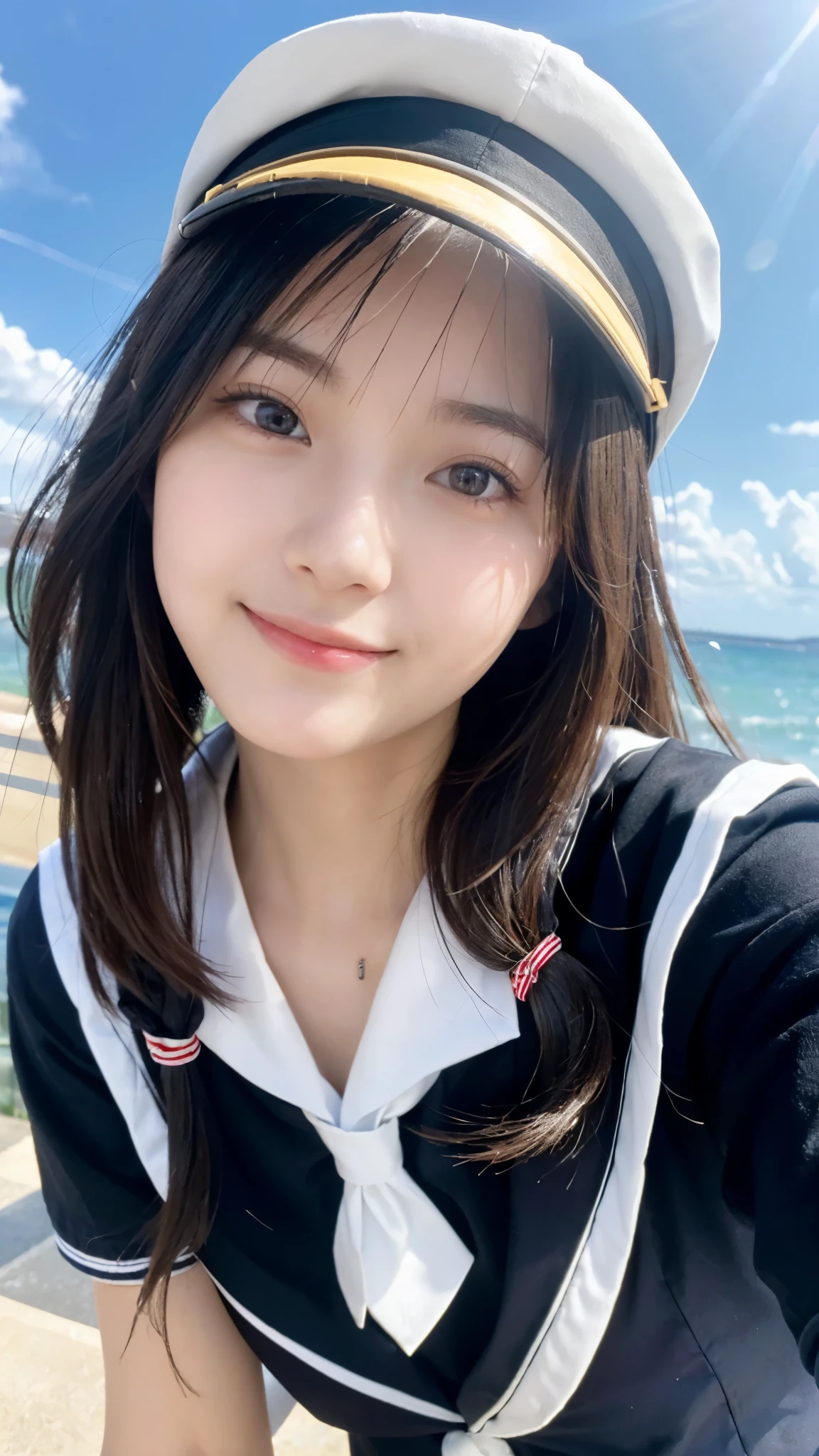 (highest quality,masterpiece:1.3,ultra high resolution),(Super detailed,caustics,16k),(photorealistic:1.4,RAW shooting),ultra-realistic capture,close-up of human skin,natural skin texture,Pores are detailed enough to be easily identified,Healthy skin and even tone,Use natural light and color,18-year-old,Japanese,cute,Sailor Cap,black long hair,Smiling and looking at the camera,(sailor suit),sit,big breasts,shot from the waist up,(face focus:1.3),(Face close-up:1.3),(low position:1.4),(Low - Angle:1.4),sun,Lens flare,blue sky,