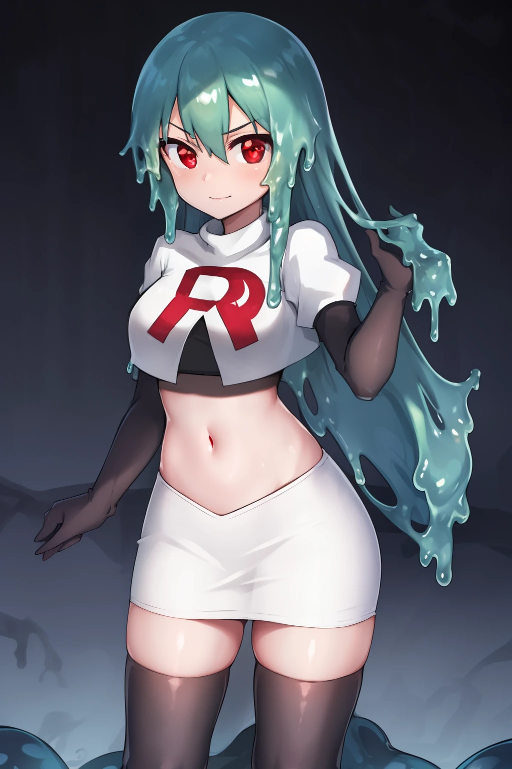 a girl with long hair, looking at camera, slime girl, cinematic lighting, red eyes, seductive look, transparent body, team rocket,team rocket uniform,white skirt,crop top,black thigh-highs,black elbow gloves