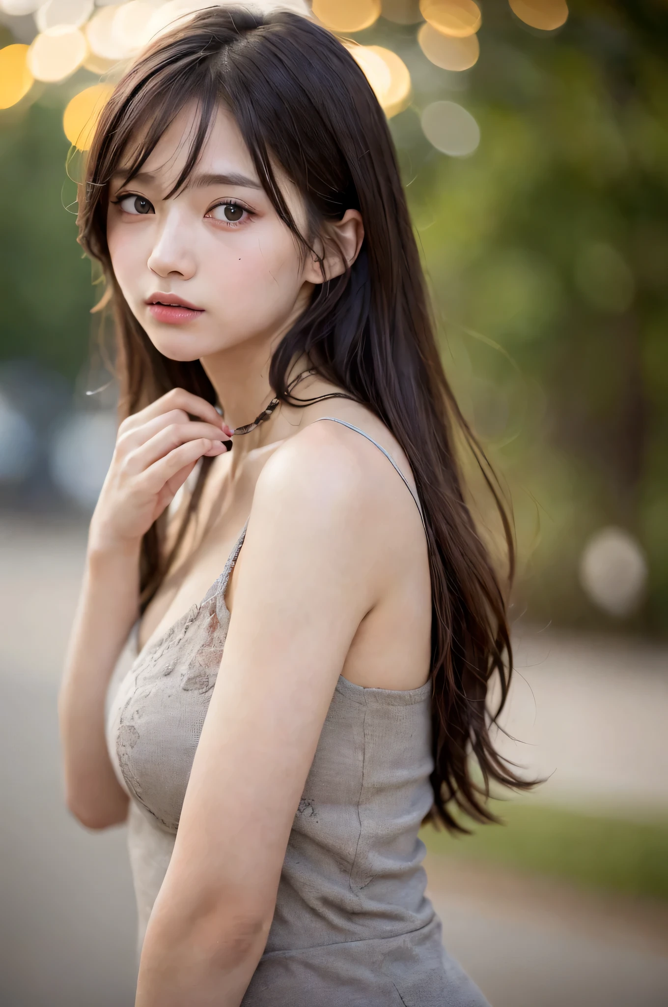 (best quality), (ultra-detailed), (llustration), (detailed light), (an extremely delicate and beautiful), ung girl, long hair, brown hair, brown eyes, model, Sorrow, best quality, fantastic, extremely detailed CG unified 8k wallpaper, High-definition raw color photos, professional photograpy, (((Bokeh))), twilight, depth of fields,