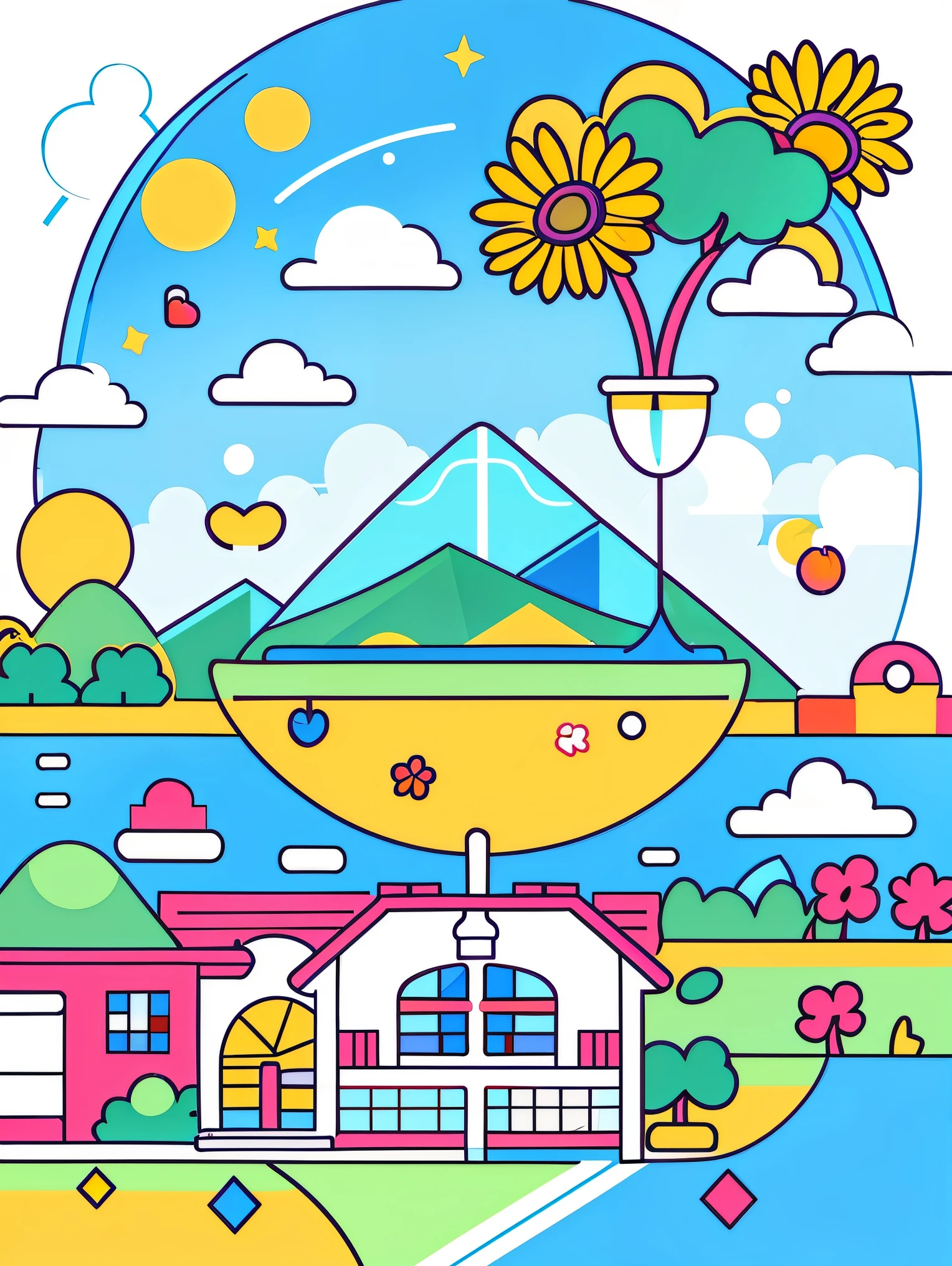 (Flattening，User interface vector style), (world in bottle)，A paradise like paradise，Colorful fantasy candy house，Fairy tale world，spring，seaside，Rios，tree house，sunflower field，Lavender，mountains，mountain peak，big tree，(Simple illustration)，(smooth line art:1.2), (Minimalism), White background，(graphic design aesthetics)，(flat illustration), (flat illustration)