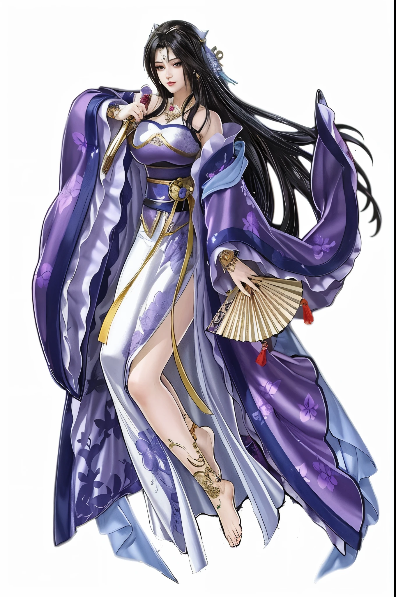 A woman in a purple dress holds a fan and fan, full body xianxia, ((beautiful fantasy queen)), Full body martial arts, flowing hair and gown, beautiful fantasy queen, anime goddess, Anime woman full body art, Inspired by Nishikawa Yunobu, The work of the sad goddess, Inspired by Zhu Lian, japanese goddess