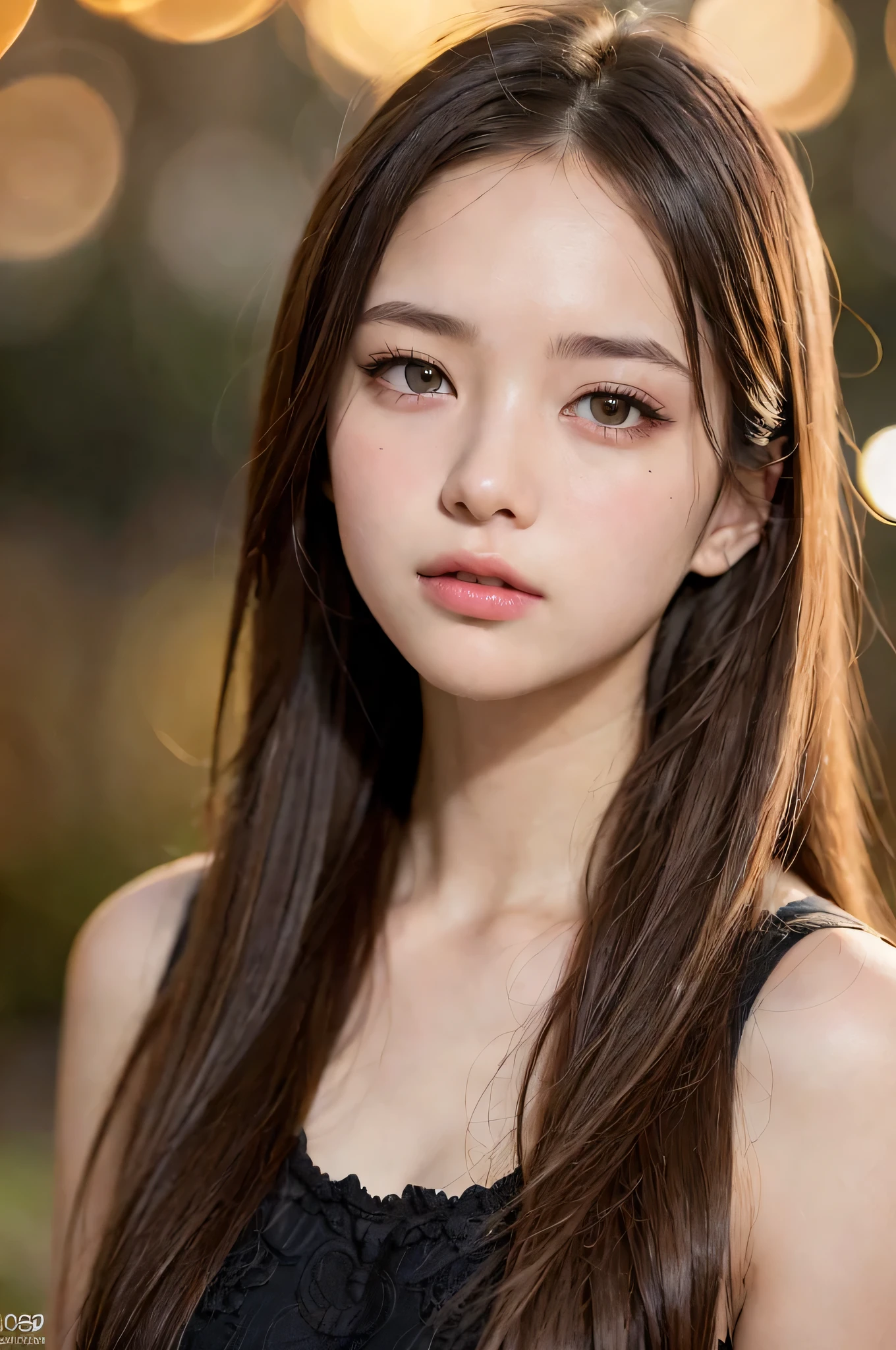 (best quality), (ultra-detailed), (llustration), (detailed light), (an extremely delicate and beautiful), 1young girl, long hair, brown hair, brown eyes, model, Sorrow, best quality, fantastic, extremely detailed CG unified 8k wallpaper, High-definition raw color photos, professional photograpy, (((Bokeh))), twilight, depth of fields,