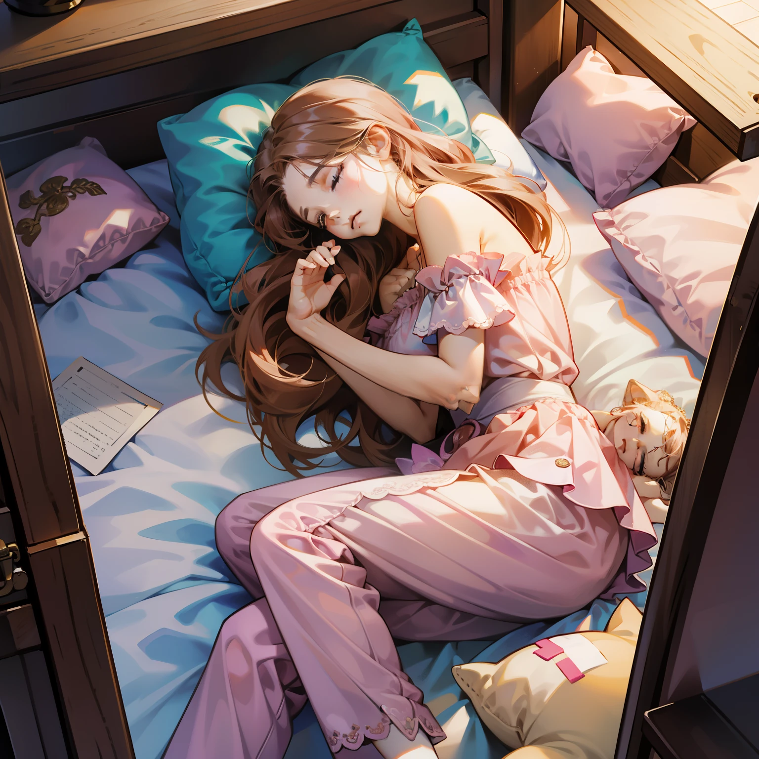 sleeping girl, 22 years old, actual, She wore long trousers, she is wearing pink pajama, brown hair.