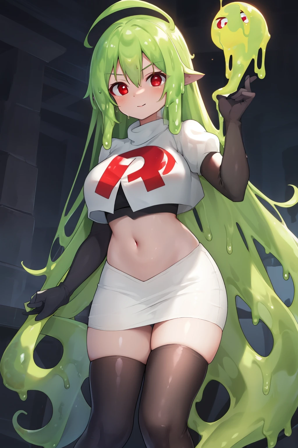 a girl with long hair, looking at camera, slime girl, cinematic lighting, red eyes, seductive look, transparent body, team rocket,team rocket uniform,white skirt,crop top,black thigh-highs,black elbow gloves