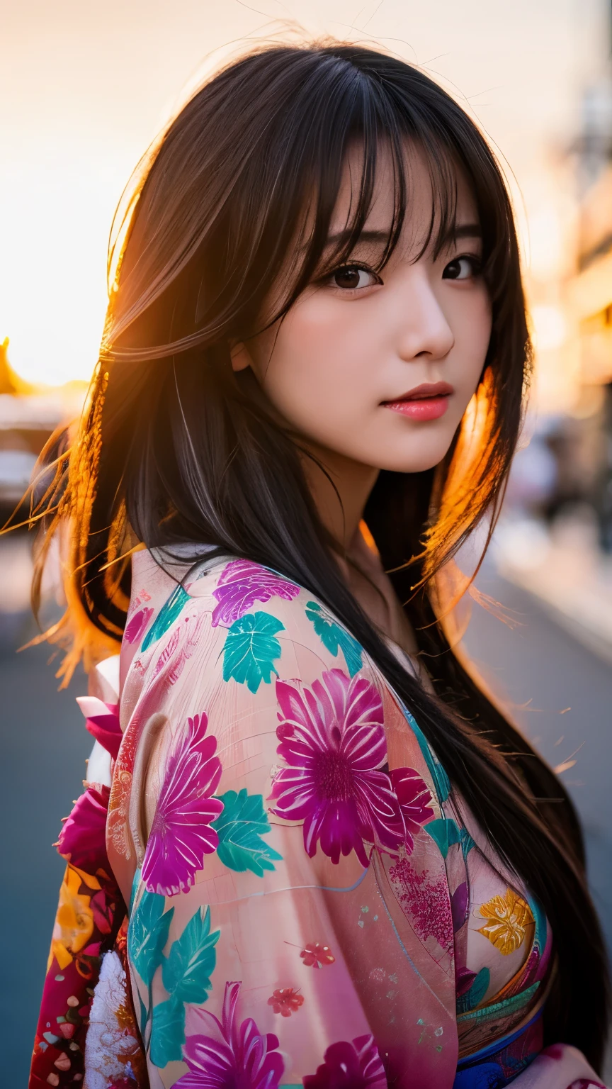 Beautiful Japanese supermodel woman, A lock of hair with slight highlights, black eyes, mixed media, Sexy,street background,Gorgeous kimono , Liquid color flows across her face, sunset,Photographed by Wang Luodan,god of wealth