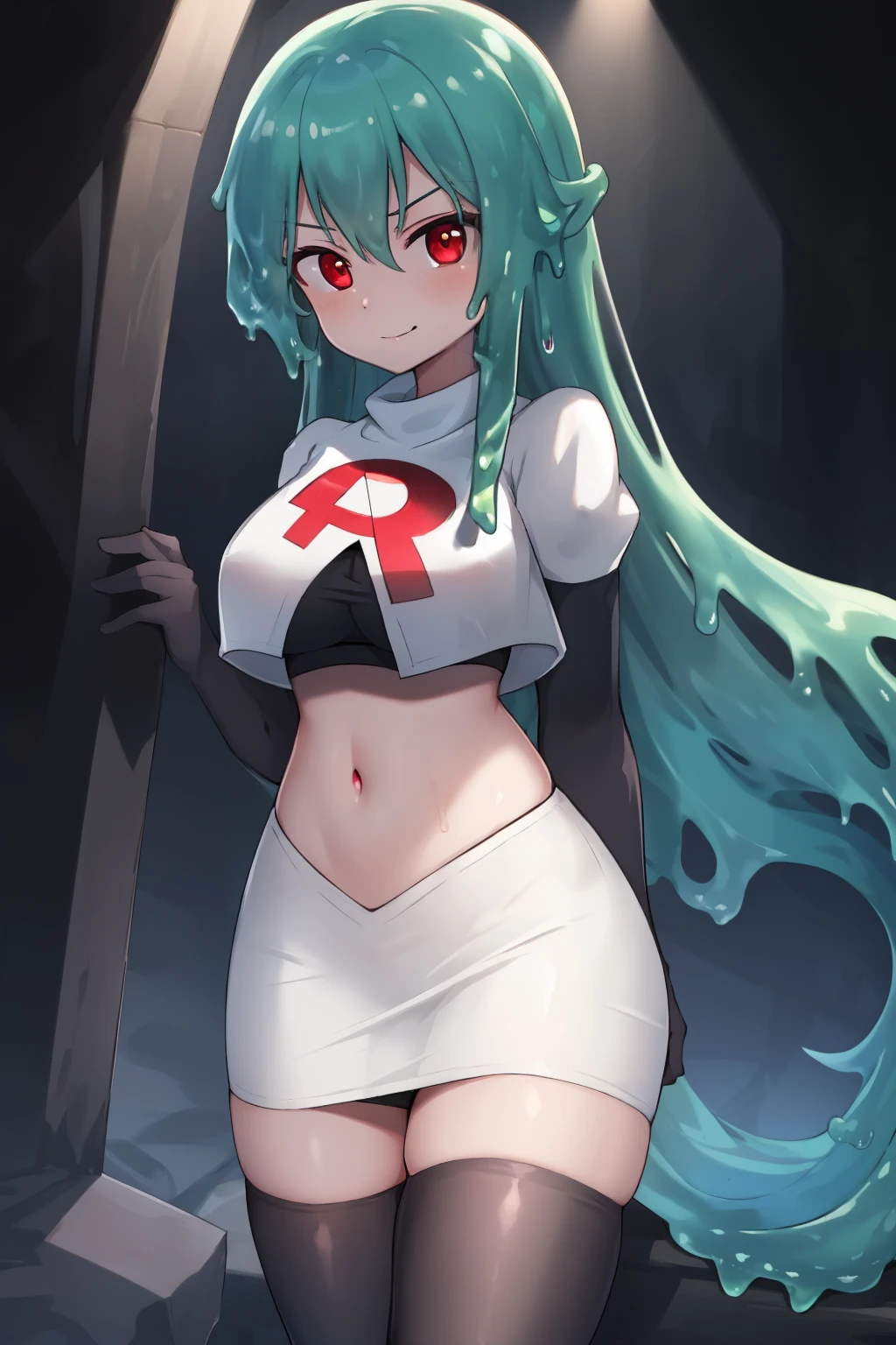 a girl with long hair, looking at camera, slime girl, cinematic lighting, red eyes, seductive look, transparent body, team rocket,team rocket uniform,white skirt,crop top,black thigh-highs,black elbow gloves