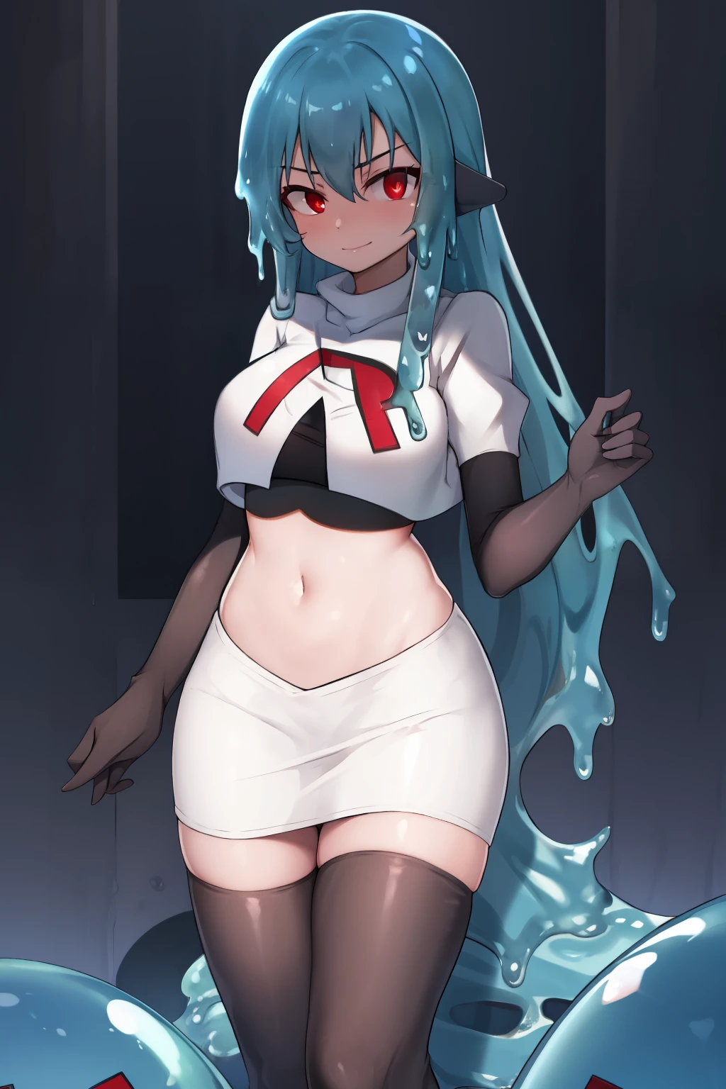 a girl with long hair, looking at camera, slime girl, cinematic lighting, red eyes, seductive look, transparent body, team rocket,team rocket uniform,white skirt,crop top,black thigh-highs,black elbow gloves