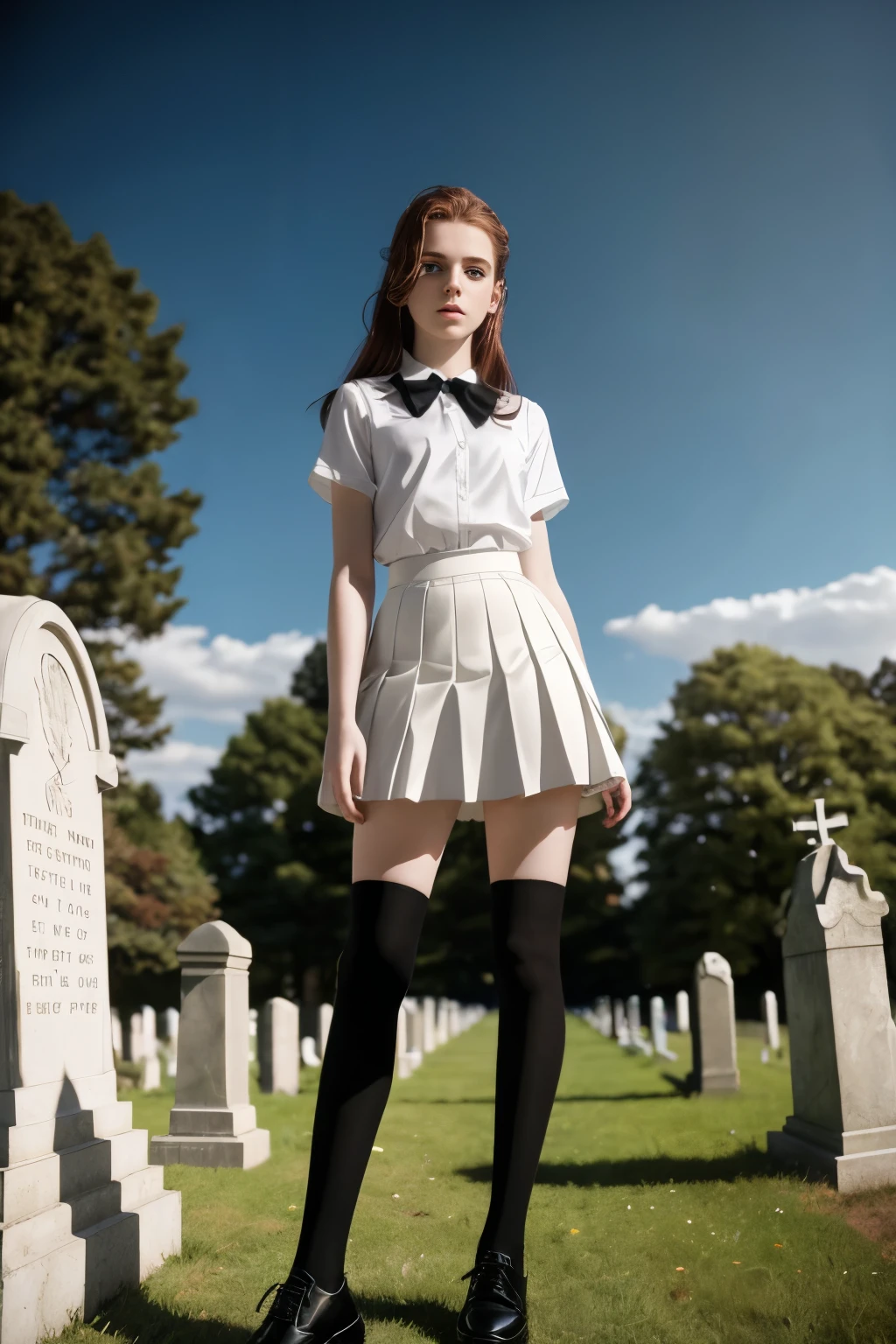 masterpiece, best quality, hyperrealistic, cinematic photo, 12 year old girl, pale skin, irish amazing slim body, White blouse, black pleated skirt, white knee-high socks, school black shoes, long auburn hair, large legs, perfect hands, beautiful face, perfect face, youthful, (blured background), modern style, from below, (low-angle shoot), standing, towering, leaning forward, underskirt shoot, (view viewer), looking at viewer,(8k, epic composition, photorealistic, sharp focus), sophisticated background, cemetery background, DSLR, foil grain, backlight