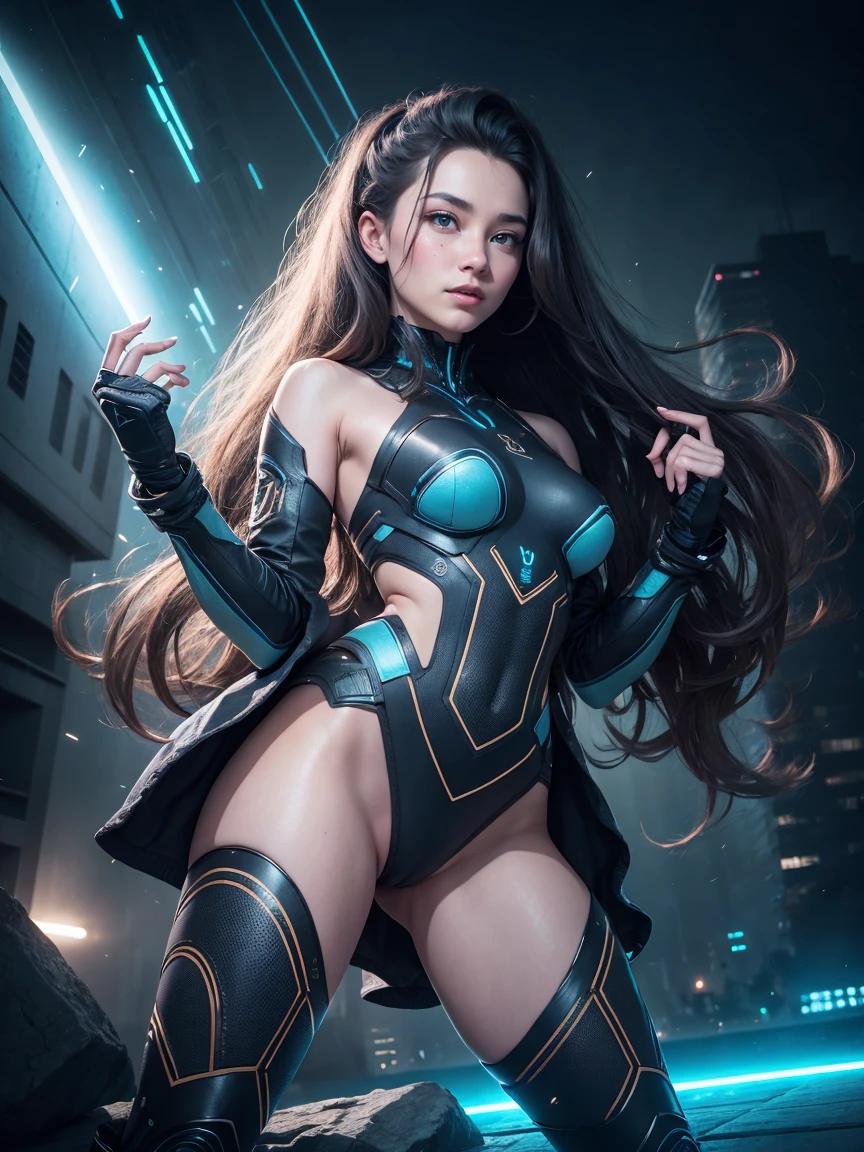 8K, highest quality, masterpiece, realistic, ultra detail, photograph, HDR, High resolution, movie blue light, official art, High resolution, Depth of written boundary,(emits laser light), girl1name、20-year-old, medium long hair,Take a full body photo、action pose,Blue Universe,alien space battleship