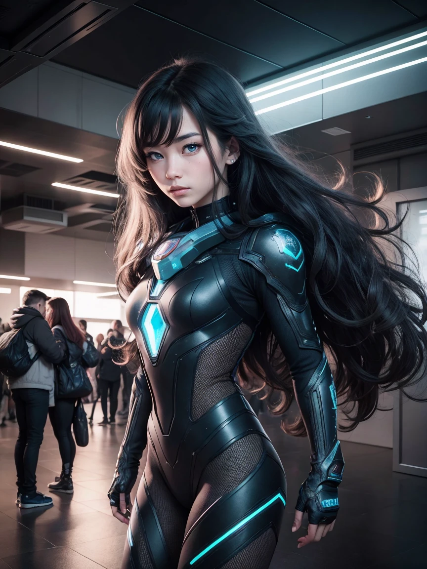 8K, highest quality, masterpiece, realistic, ultra detail,  photograph, HDR, High resolution, movie blue light, official art, High resolution, Depth of written boundary,(emits laser light), girl１name、20-year-old, medium long hair,Take a full body photo、action pose,Blue Universe,alien space battleship