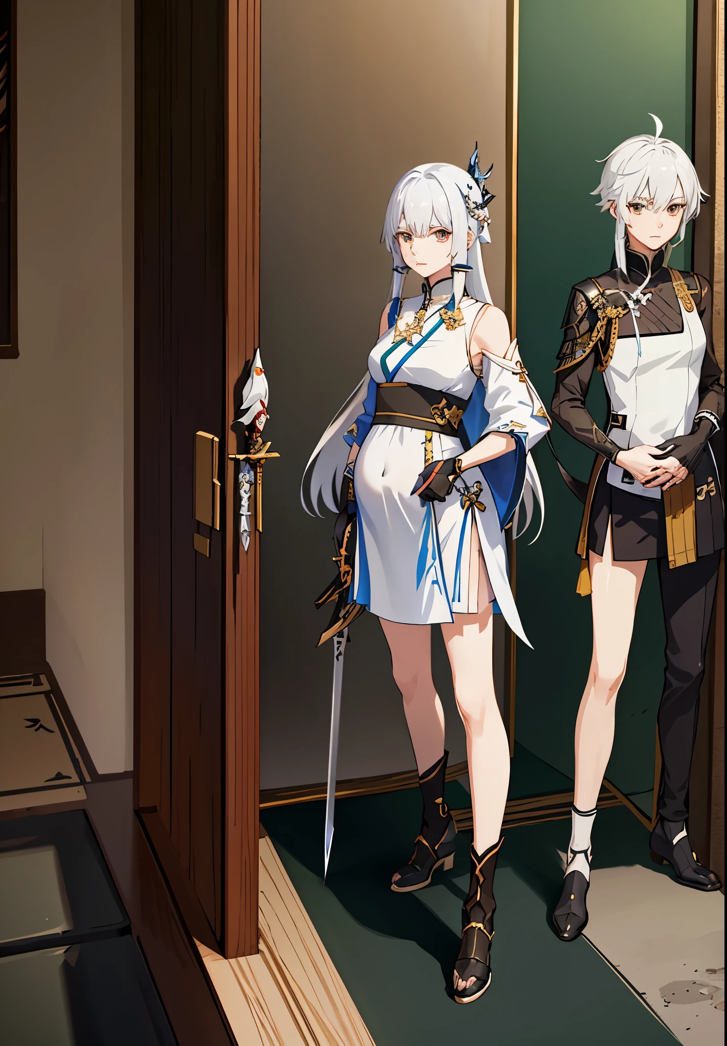 a woman in a dress holding a dagger and a dagger, video game character, from arknights, fox nobushi holding a dagger, hajime yatate, keqing from genshin impact, white haired deity, with small sword, ayaka genshin impact, female action anime girl, official character art, anime character, pregnant anime girl, fetus, hurt