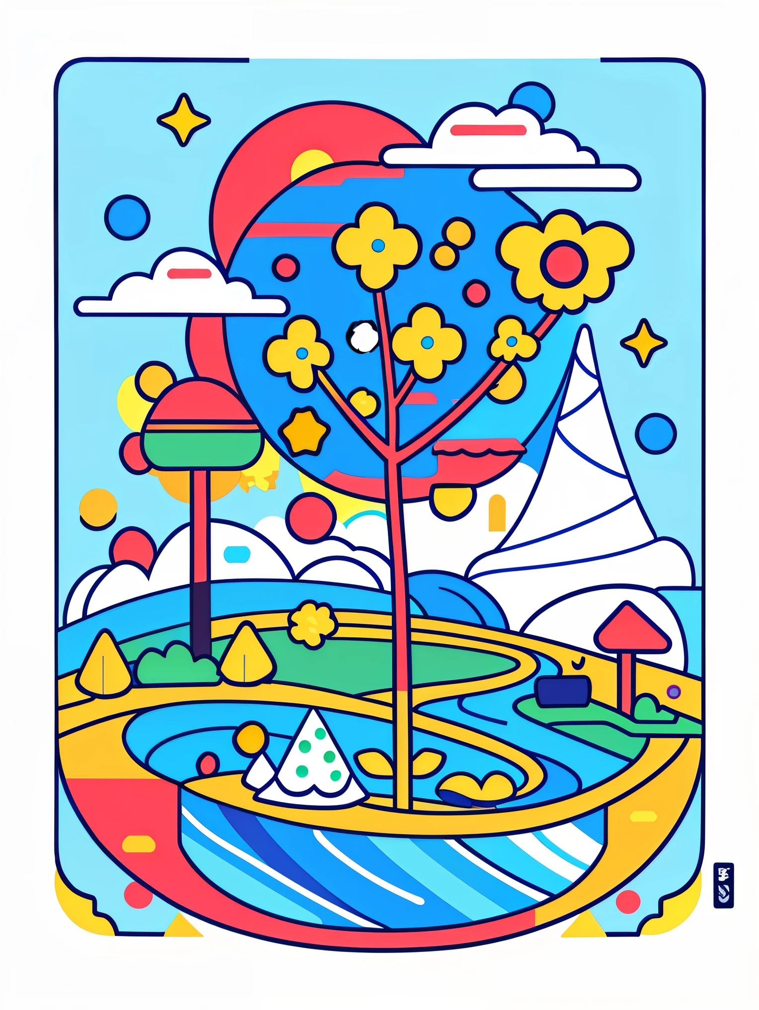 (Flattening,UI vector style), (world in bottle),A paradise like paradise,Colorful fantasy candy house,Fairy tale world,spring,seaside,Rios,tree house,sunflower field,Lavender,mountains,mountain peak,big tree,(Simple illustration),(smooth line art:1.2), (Minimalism), White background,(graphic design aesthetics),(flat illustration), (flat illustration)