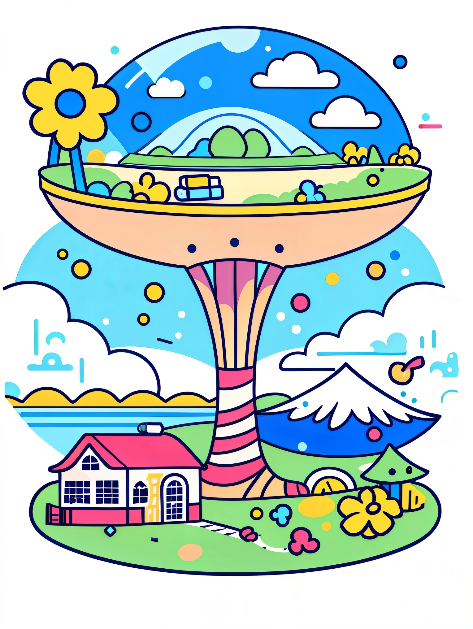 (Flattening,UI vector style), (world in bottle),A paradise like paradise,Colorful fantasy candy house,Fairy tale world,spring,seaside,Rios,tree house,sunflower field,Lavender,mountains,mountain peak,big tree,(Simple illustration),(smooth line art:1.2), (Minimalism), White background,(graphic design aesthetics),(flat illustration), (flat illustration)